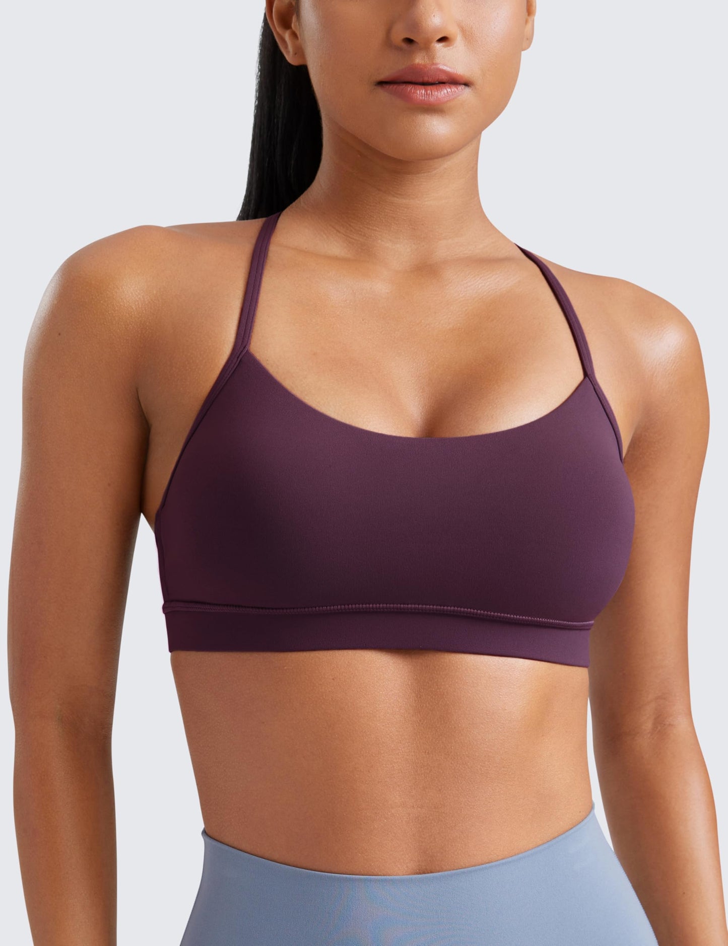 CRZ YOGA Butterluxe Womens Y Back Sports Bra - Padded Racerback Low Impact Spaghetti Thin Strap Workout Yoga Top Deep Purple Large