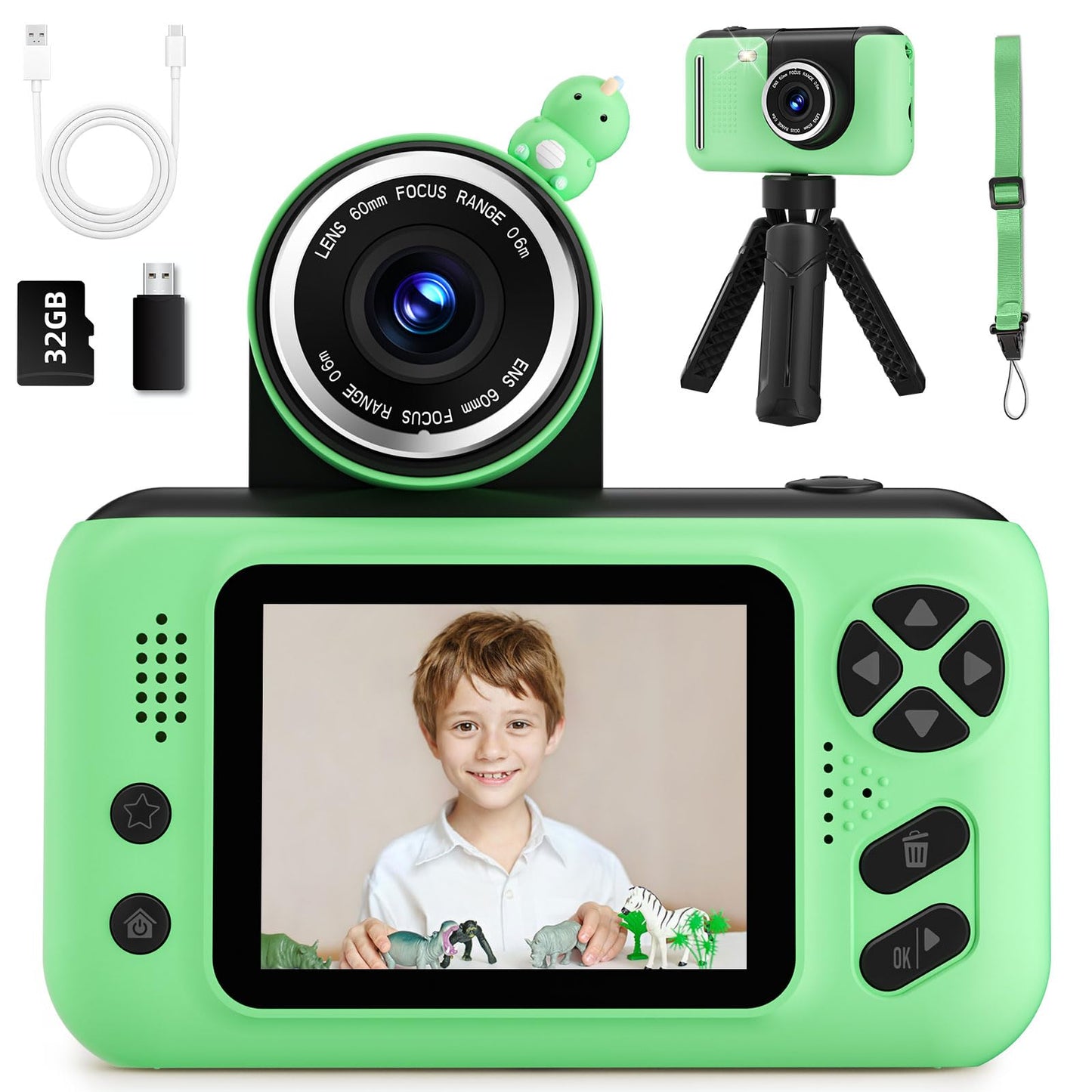 Kids Camera, Birthday Gifts for Boys and Girls Age 3-8,Video Recorder for Kids 8-12,Childrens Digital Camcorder for vlogging Portable Kids Selfie Camera with 32GB SD Card Green