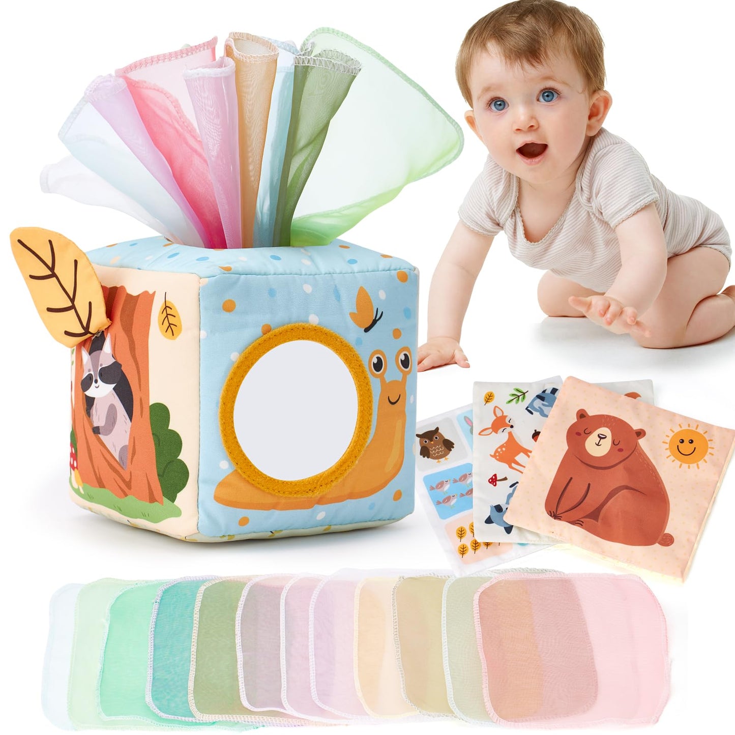 hahaland Baby Tissue Box Toy - Baby Toys 6-12 Months Montessori Toys for 6 Month Old Must Haves - Boy Girl Shower Gifts for Babies 6 9 12 18 Months Old Developmental Sensory Pulling Play Scarf Toy