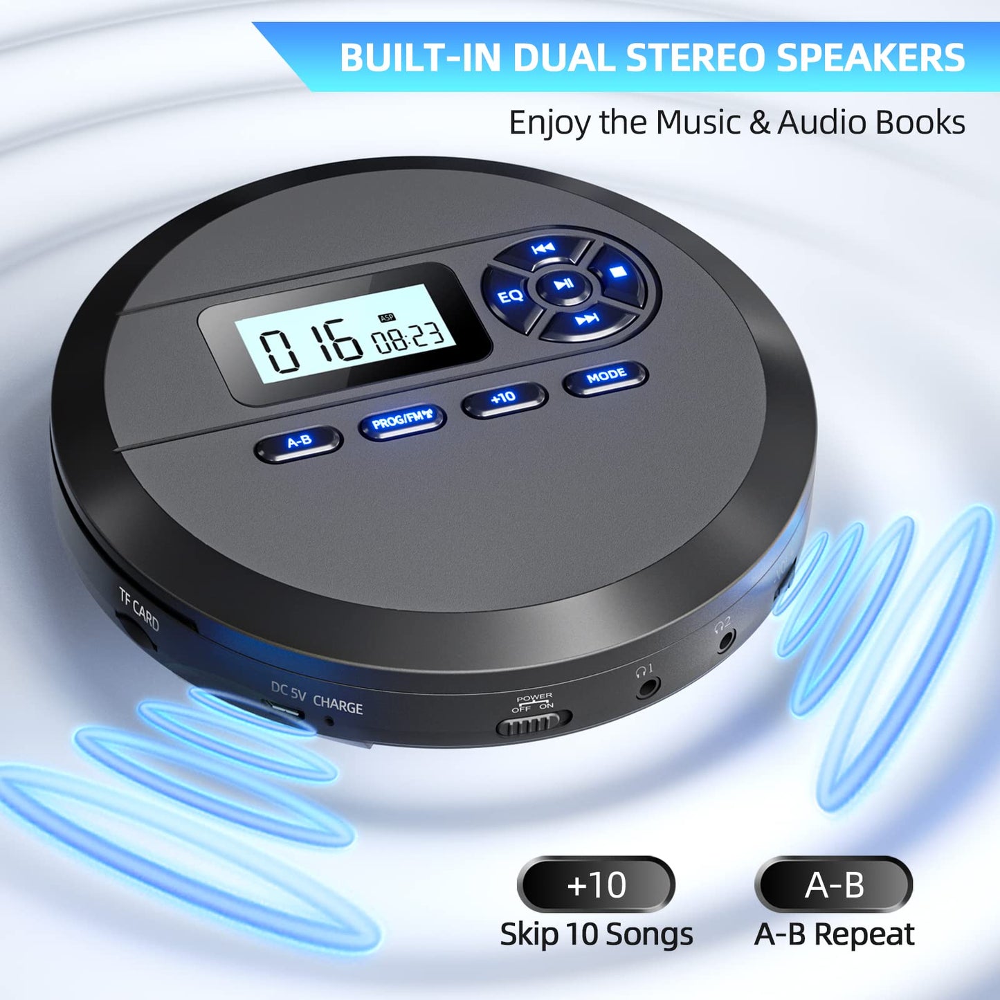 DESOBRY CD Player Portable with Speakers & FM Transmitter, Rechargeable Compact CD Player for Car Built-in 2000mAh, Portable Player with LCD Screen, Earphones, AUX Cord