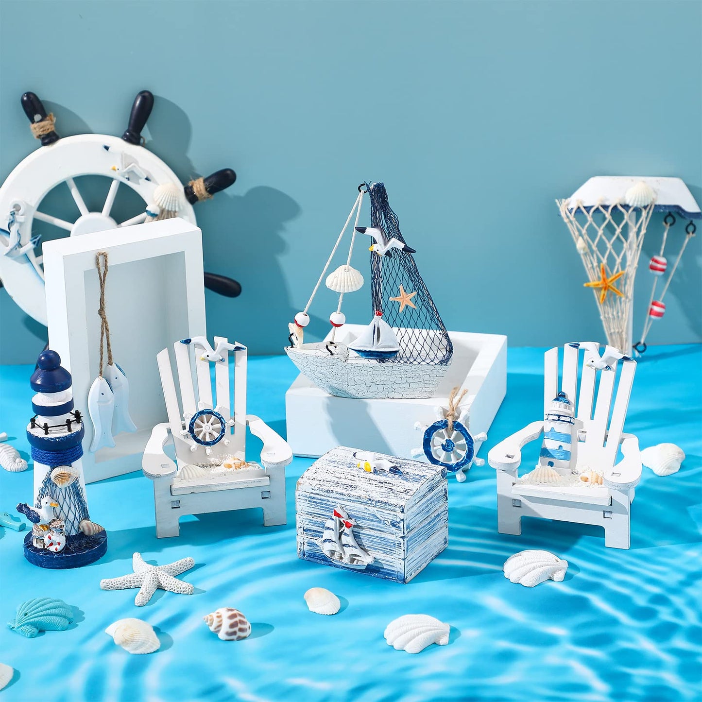 7 Pieces Wooden Box Wooden Lighthouse Mini Sailboat Anchor Fish Hanging Starfish Model Spring Summer Easter Tree Ornament Decoration Aquarium Decor Landscape Tank Ornament Office Mini Garden Landscape