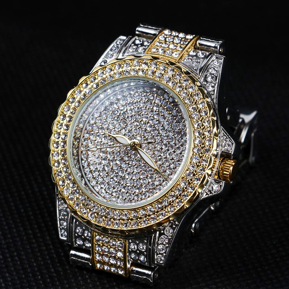 Smalody Round Luxury Women Watch Crystal Rhinestone Diamond Watches Stainless Steel Wristwatch Iced Out Watch with Japan Quartz Movement for Women | Simulated Lab Diamonds (Mix Gold)
