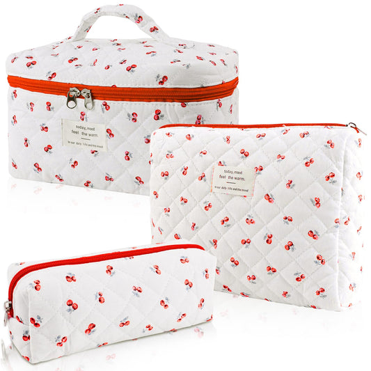 3 Sizes Pcs Cotton Quilted Makeup Bag Set, Travel Toiletry Personalized Cute Blue Floral Cosmetic Makeup Bag Extra Large Small Organizer Bags (Blue floral)