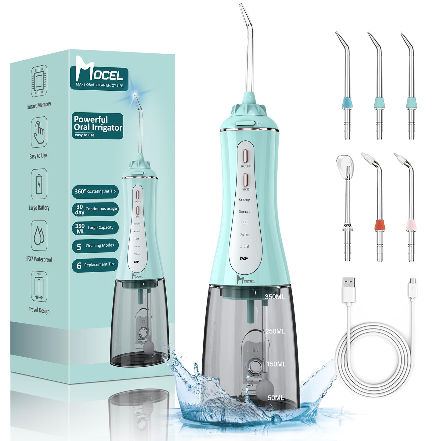 Water Dental Flosser for Teeth - 350ML Large Tank 5 Modes & 6 Tips Cordless, Oral Irrigator Waterproof, Portable Teeth Cleaning and Flossing with Effective Plaque Remover for Adults (Pink)