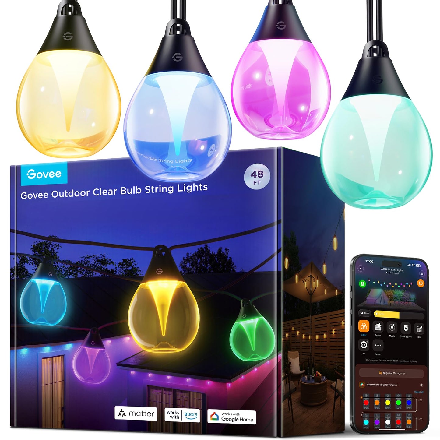 Govee Outdoor Clear Bulb String Lights, 48ft RGBWIC Outdoor Lights with 15 Dimmable Warm White LED Bulbs, 111 Scene Modes for Patio, Backyard, IP67 Waterproof, Works with Alexa, Google & Matter