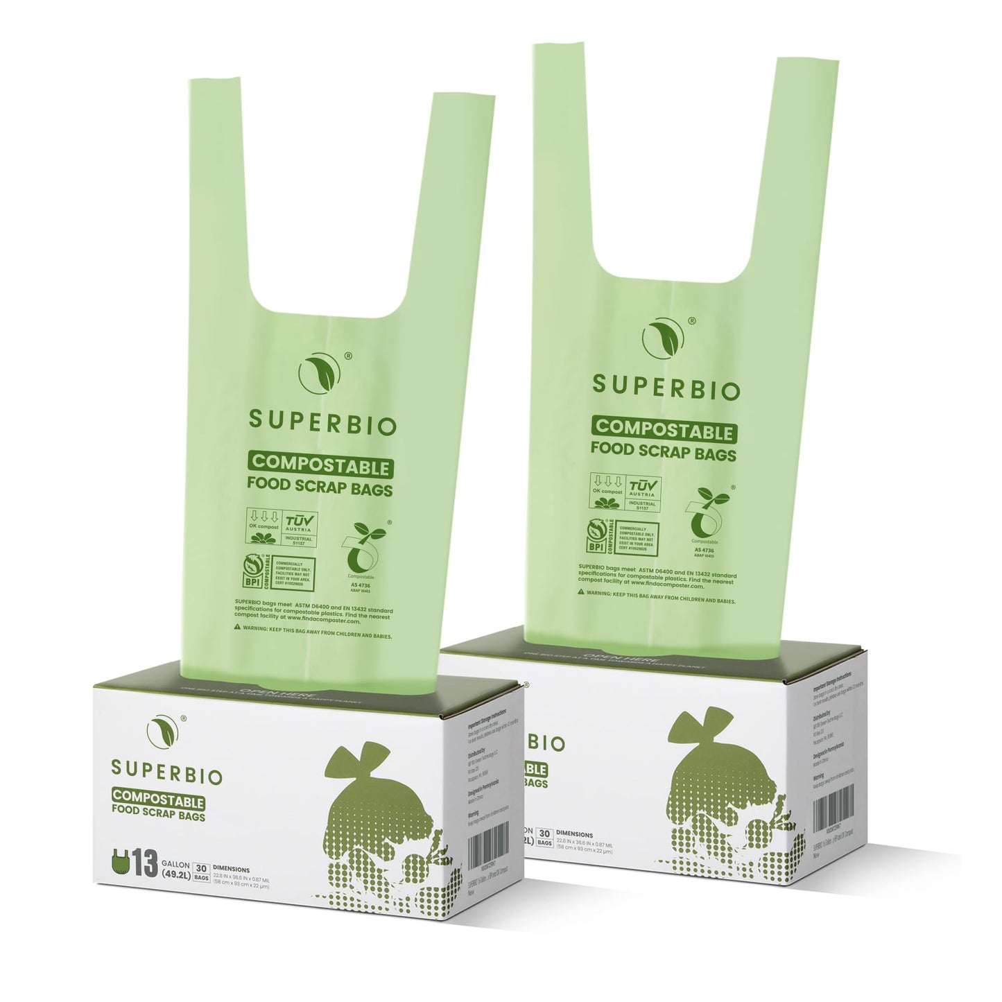 SUPERBIO 2.6 Gallon Compostable Bags with Handles, 100 Count,1 Pack, Food Scrap Bags Certified by BPI and OK compost INDUSTRIAL, 9.84L