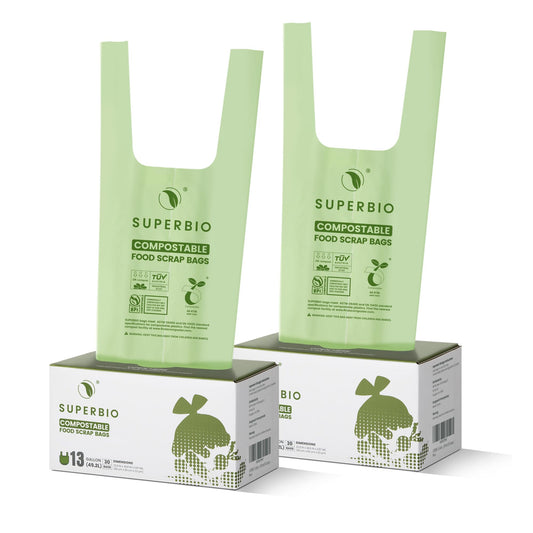 SUPERBIO 2.6 Gallon Compostable Bags with Handles, 100 Count,1 Pack, Food Scrap Bags Certified by BPI and OK compost INDUSTRIAL, 9.84L