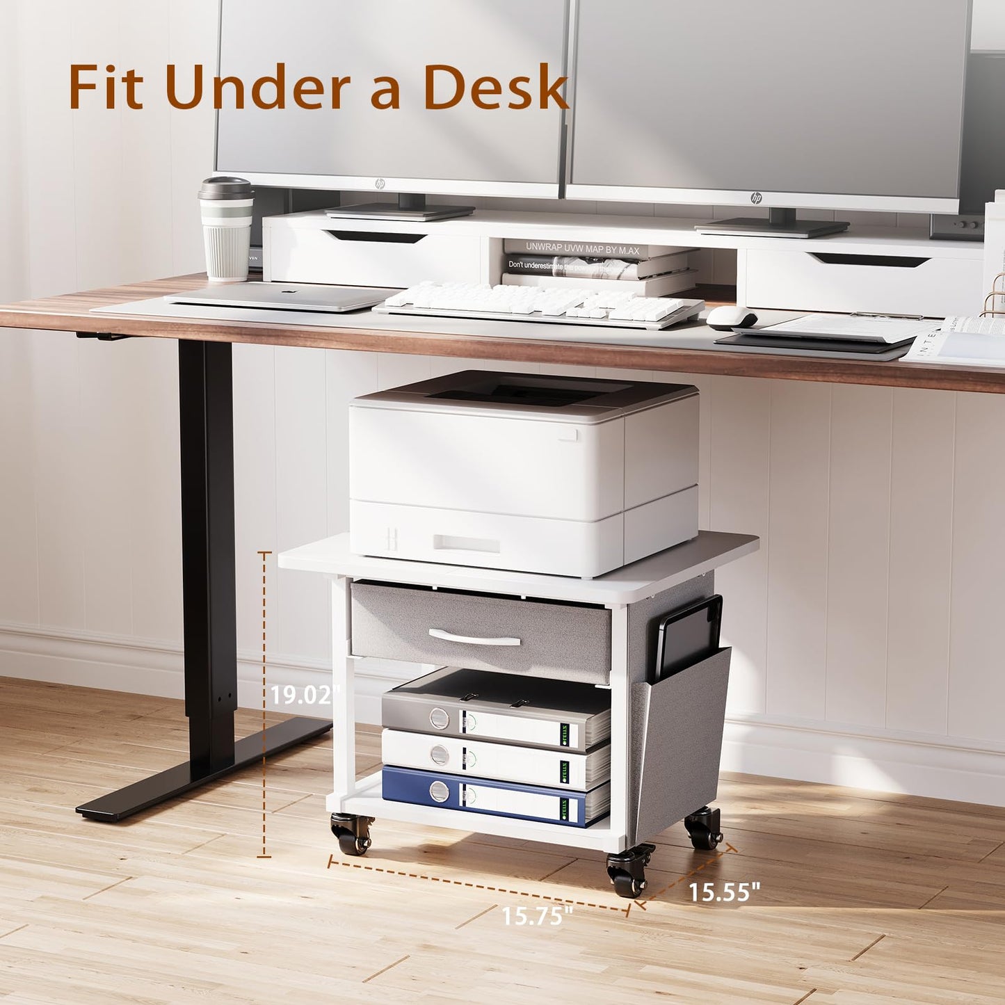 MIXISAV 2 Tier Printer Stand with Storage Drawer - Under Desk Rolling Printer Cart for Home Office, Small Printer Table with Industrial Locking Wheels fit Fax Machine/Scanner (White)