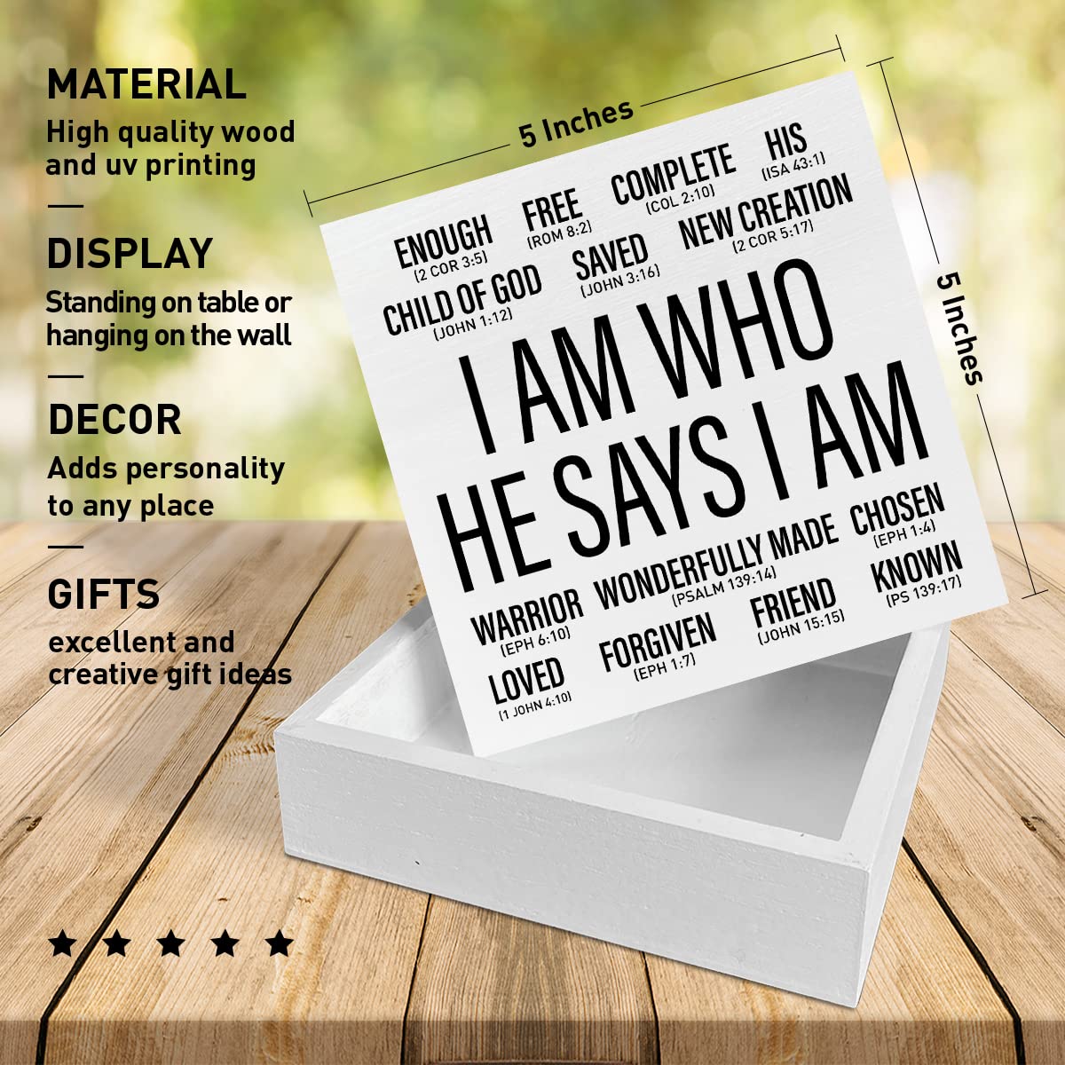 Christian Desk Wooden Box Sign Decor, I Am Who He Says I am, Home Office Religious Motivational Decor Scripture Bible Verse Desk Decoration Inspirational Christian Baptism Gifts for Women Men