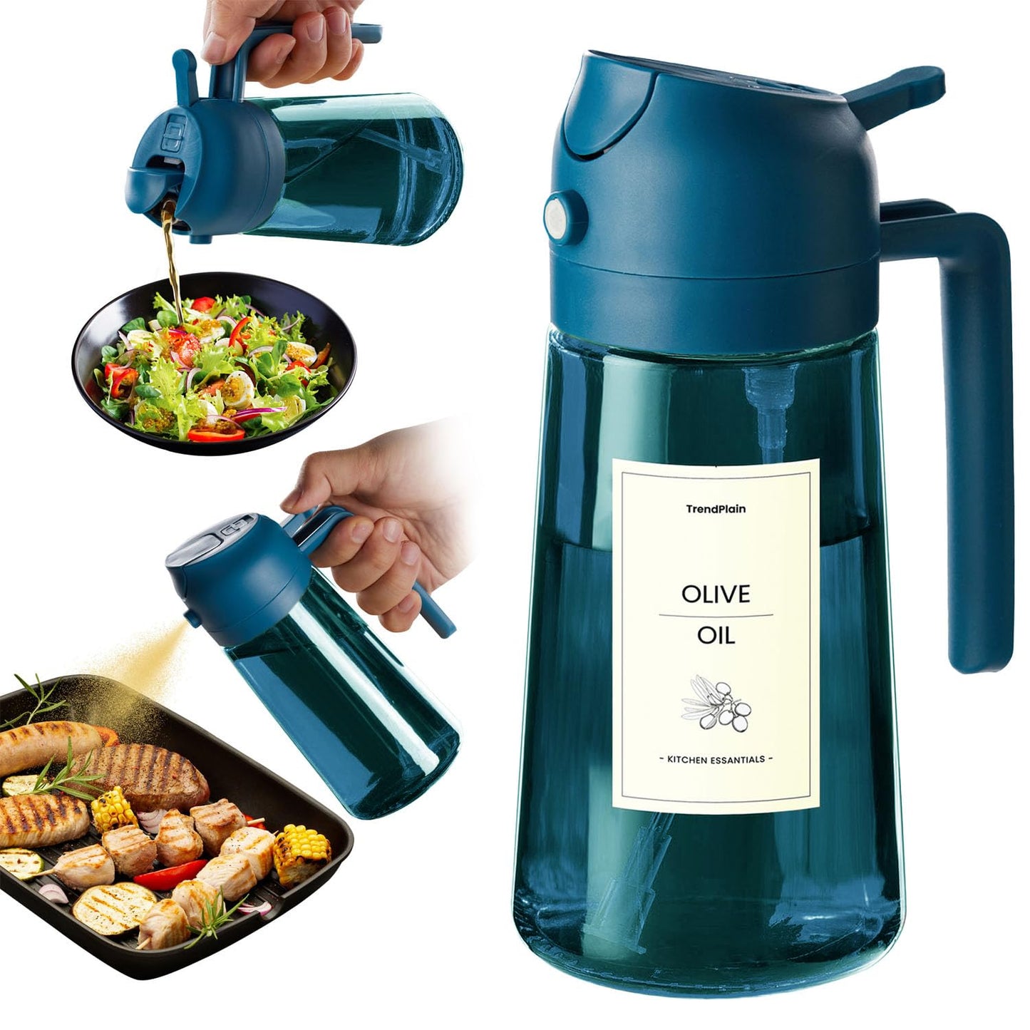 TrendPlain 16oz/470ml Blue Glass Olive Oil Sprayer for Cooking - 2 in 1 Olive Oil Dispenser for Kitchen Gadgets, Air Fryer, Salad, and BBQ - Navy