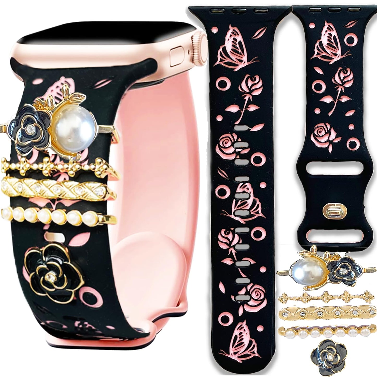 Floral Engraved Silicone Band with Charms Compatible Apple Watch Women 38mm 40mm 41mm 42mm 44mm 45mm 46mm 49mm,Jullstar Butterfly Leaf Strap Decorative Ring for iphone Watch Series Ultra 10 9 8 7 SE 6 5 4 3 2 1-rose black38