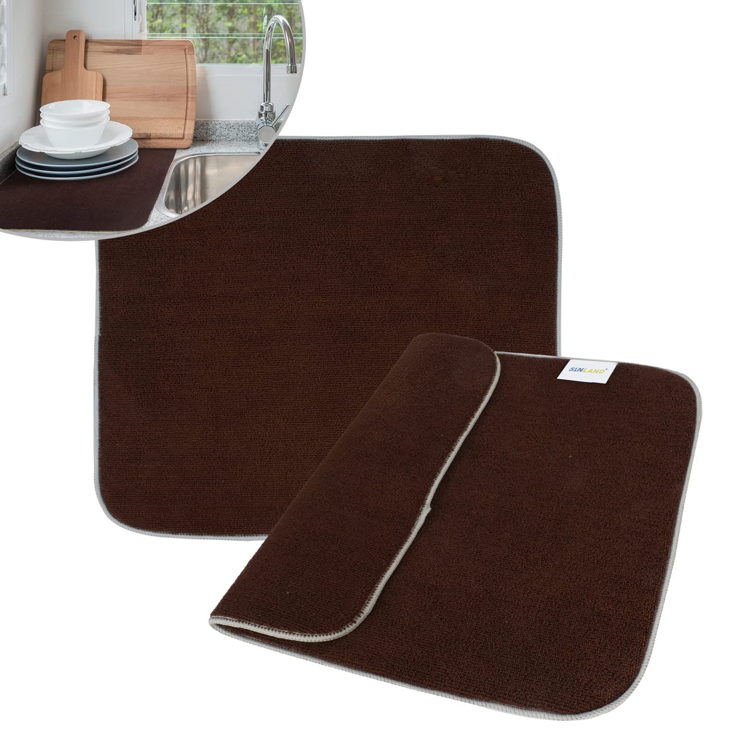 SINLAND Microfiber Dish Drying Mat Super Absorbent Dish Drying Pad for Kitchen Counter, Mat for Countertops or Sinks 16Inch X 18Inch Brown 2 Pack