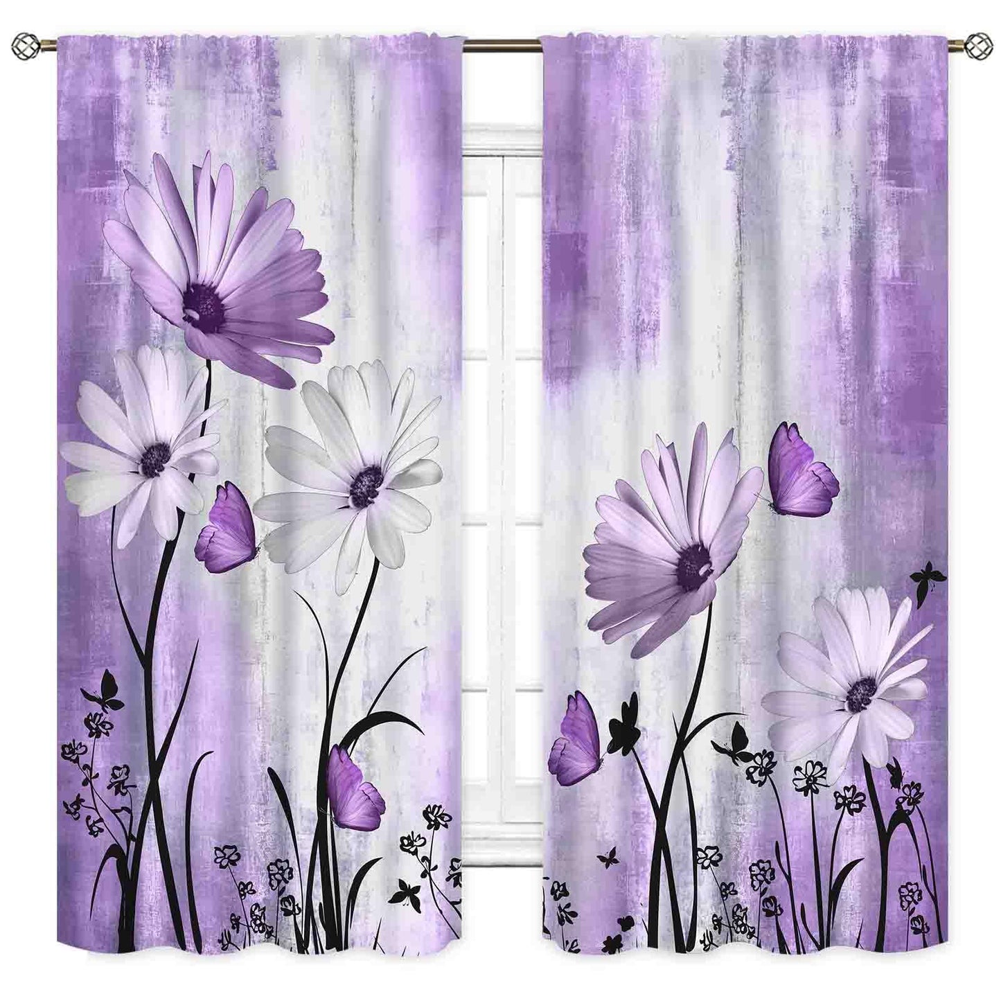 TKUYO Purple White Daisy Curtains, Farmhouse Modern Flower Retro Floral Spring Butterfly Rural Country Style Seasonal Window Drapery for Living Room Bedroom Kitchen Bathroom 2 Panels, 42"x54" Inch