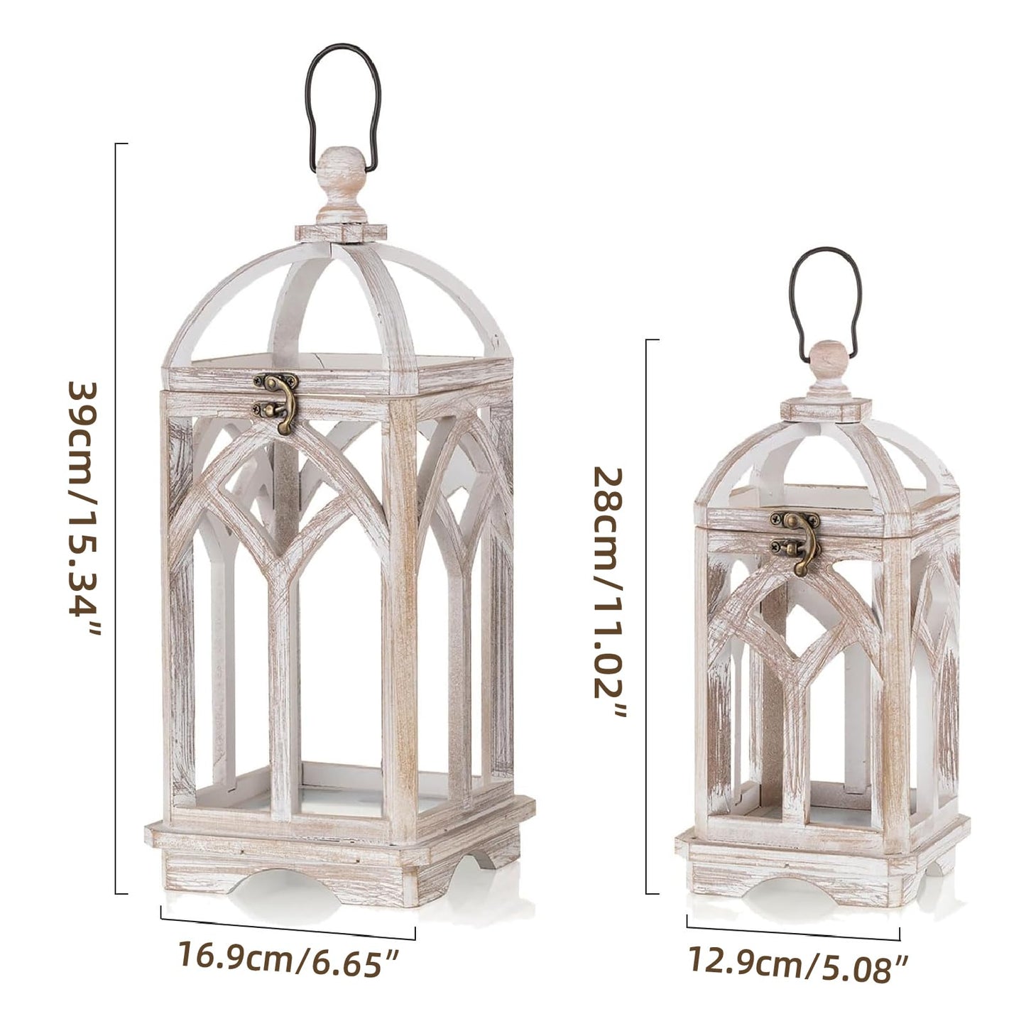 Staymoment Farmhouse Lanterns Decorative Indoor: 11" & 15" Set of 2 White Wooden Candle Holder Lanterns for Table Centerpiece Fireplace Mantle Home Decor