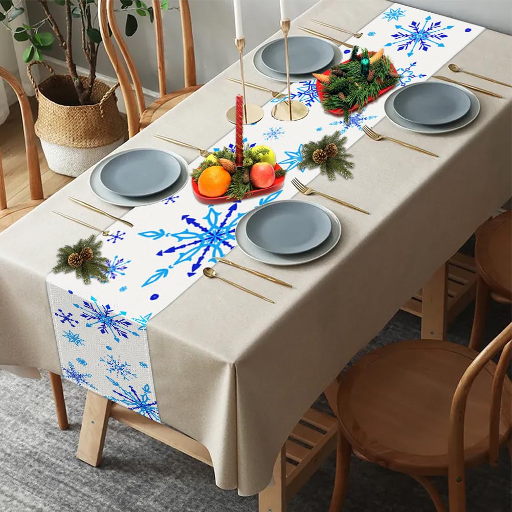 Labeol Snowflake Table Runner, 72x13 Inch White and Blue Christmas Table Runner for Christmas Party Kitchen Dinner Decor (Blue)