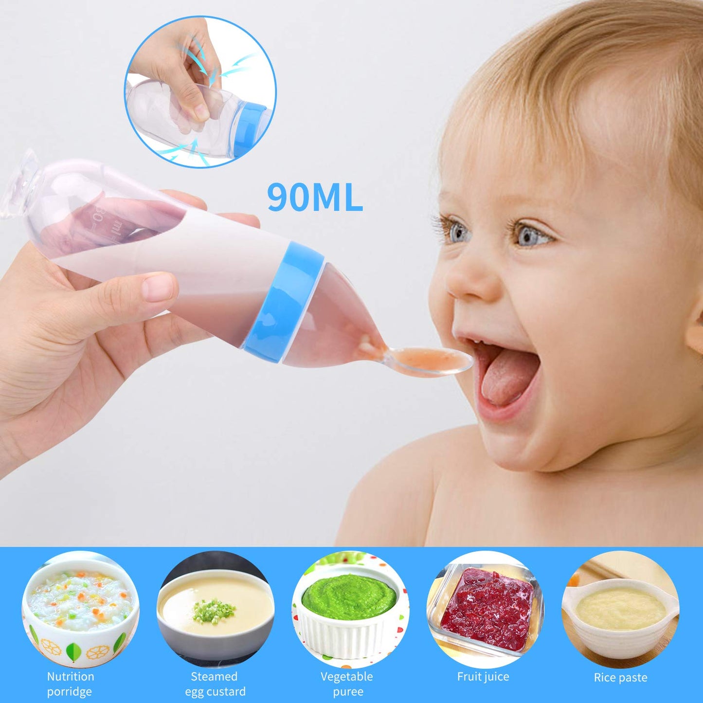 Food Feeder Baby Fruit Pacifier (3 Pcs) with 6 Different Sized Silicone Pacifiers 2 PCS Dispensing Spoon 90ML Spoons Clip Infant Teething Toy -Blue