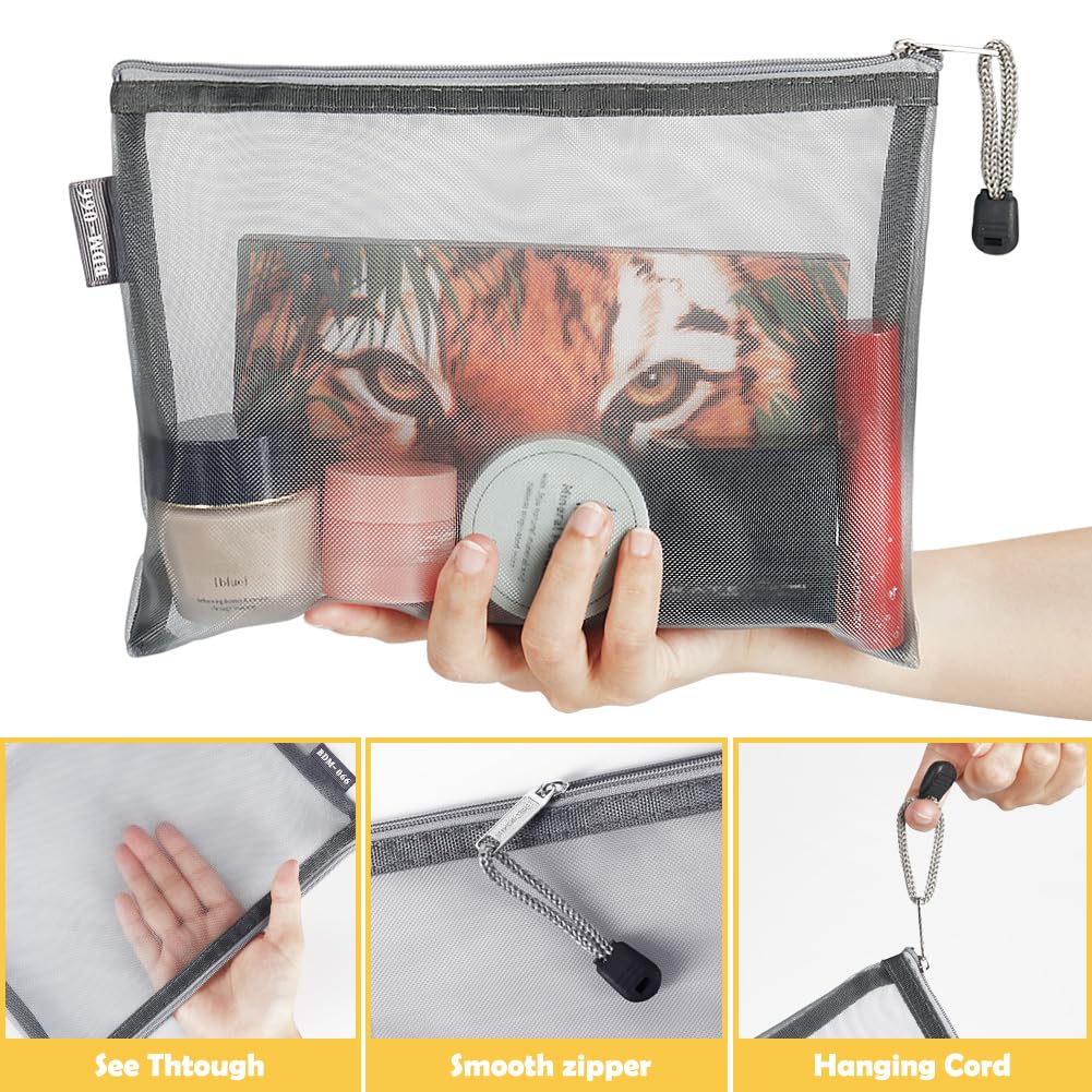 besharppin 6 Pack Mesh Cosmetic Bags, Nylon Makeup Pouches with Zipper for Home Office Purse Diaper Bag (Grey)