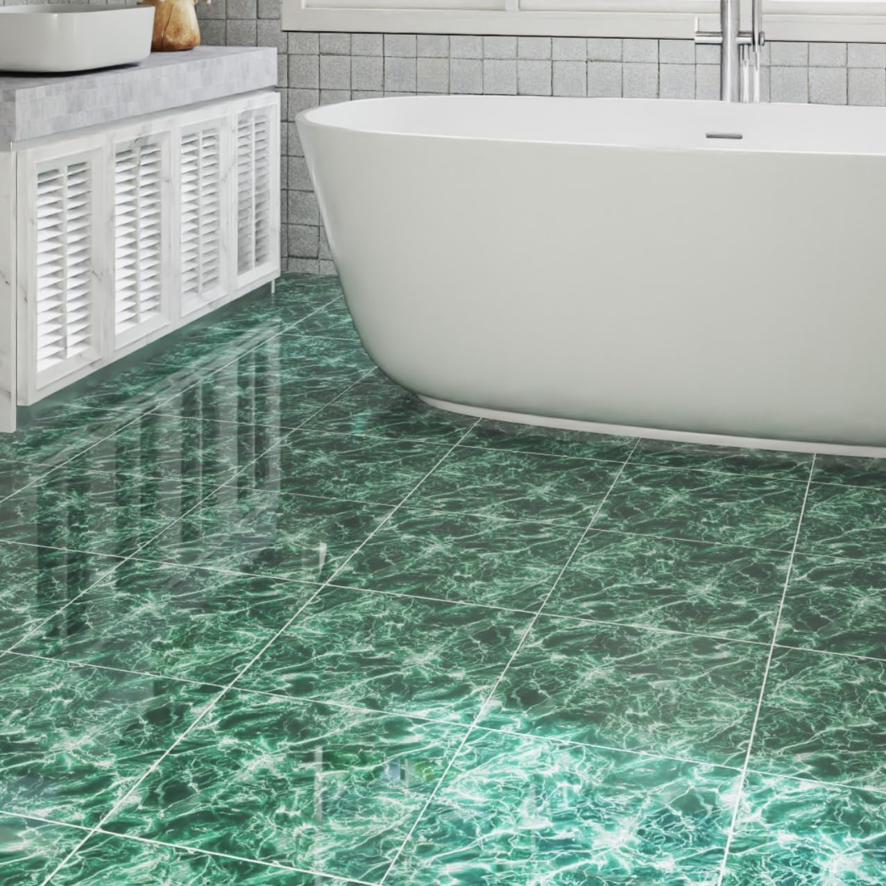 ZRJT 10-Pack 10 Sq.Ft Peel and Stick Floor Tiles Vinyl Polish Pattern Flooring, 12” x 12” Self Adhesive Vinyl Flooring DIY for Kitchen, Bathroom, Laundry, Polish Green Marble