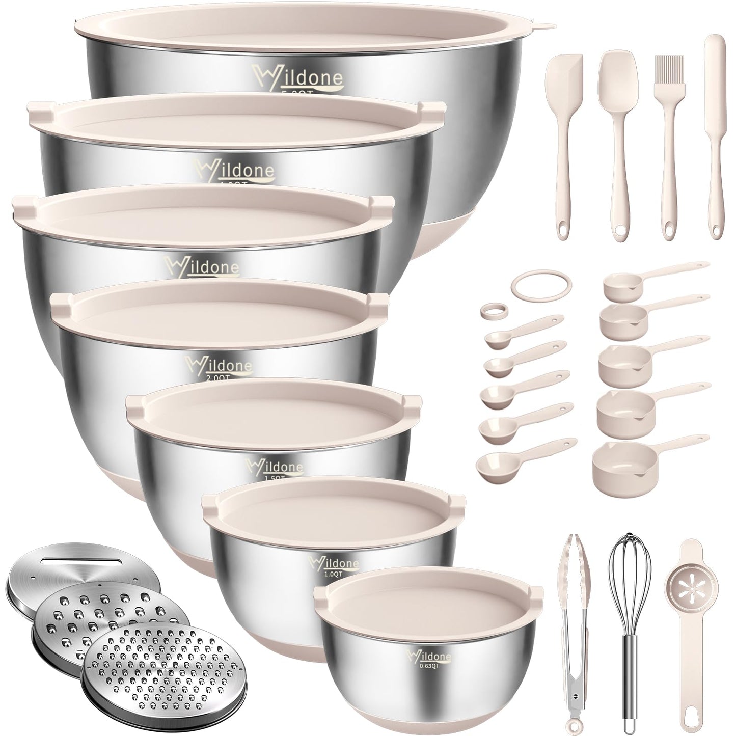 Wildone Mixing Bowls with Airtight Lids, 27 PCS Stainless Steel Nesting Bowls, with 3 Grater Attachments, Scale Mark & Non-Slip Bottom, Size 5, 4, 3, 2, 1.5, 1, 0.63QT, Ideal for Mixing & Prepping