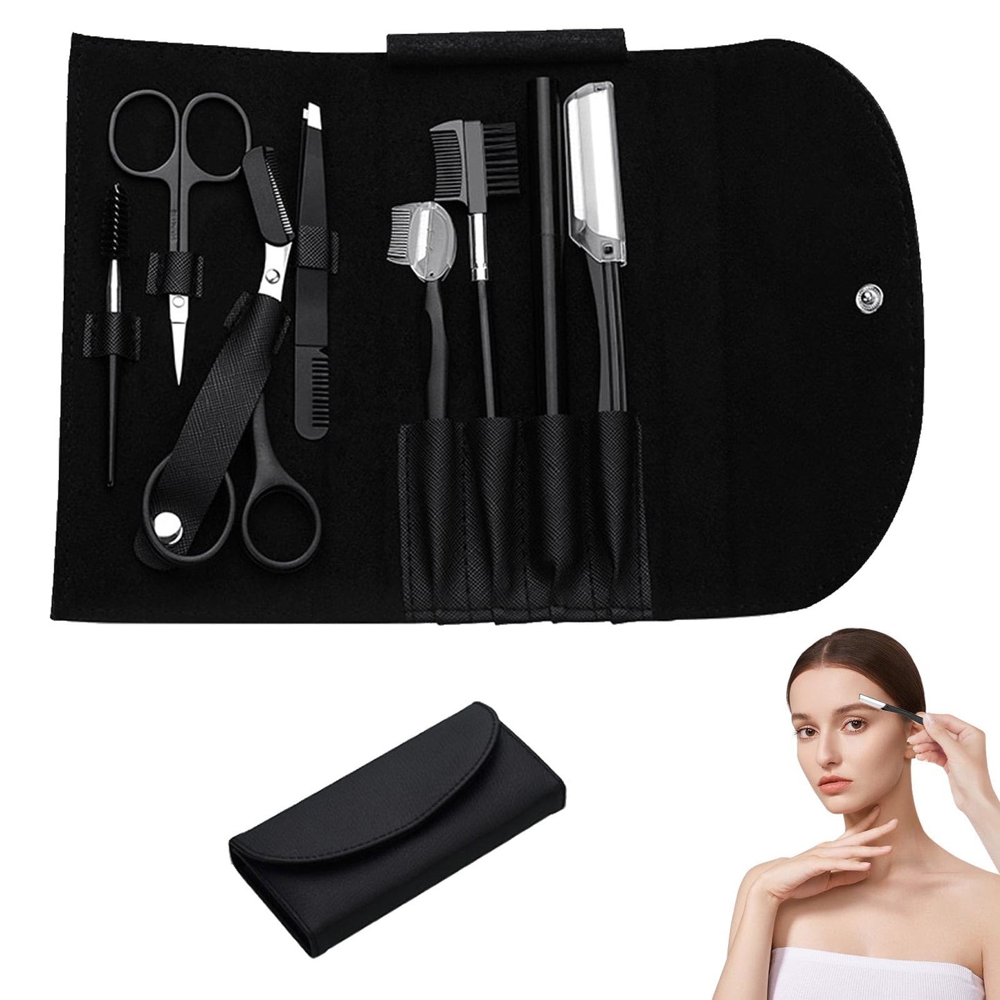 8PCS/SET Professional Eyebrow Shaping Grooming Kit - Beauty Tools Set with Leather Bag Eyebrow Grooming Kit for Women & Men, Eyebrow Trimming Kit With Razor Eyebrow Scissors and Brush with Comb Black