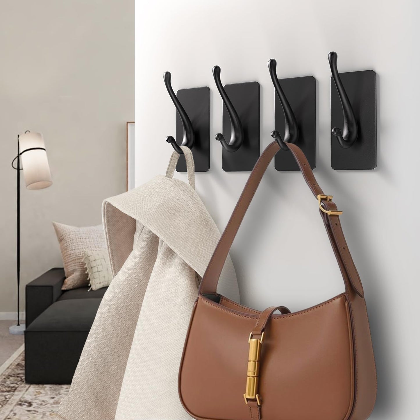 JCHOUS Towel Hooks, Solid Alloy Adhesive Wall Hooks for Hanging, Towel Hooks for Bathroom, RV, Kitchen, Closets, etc (Black, 4 Pack)