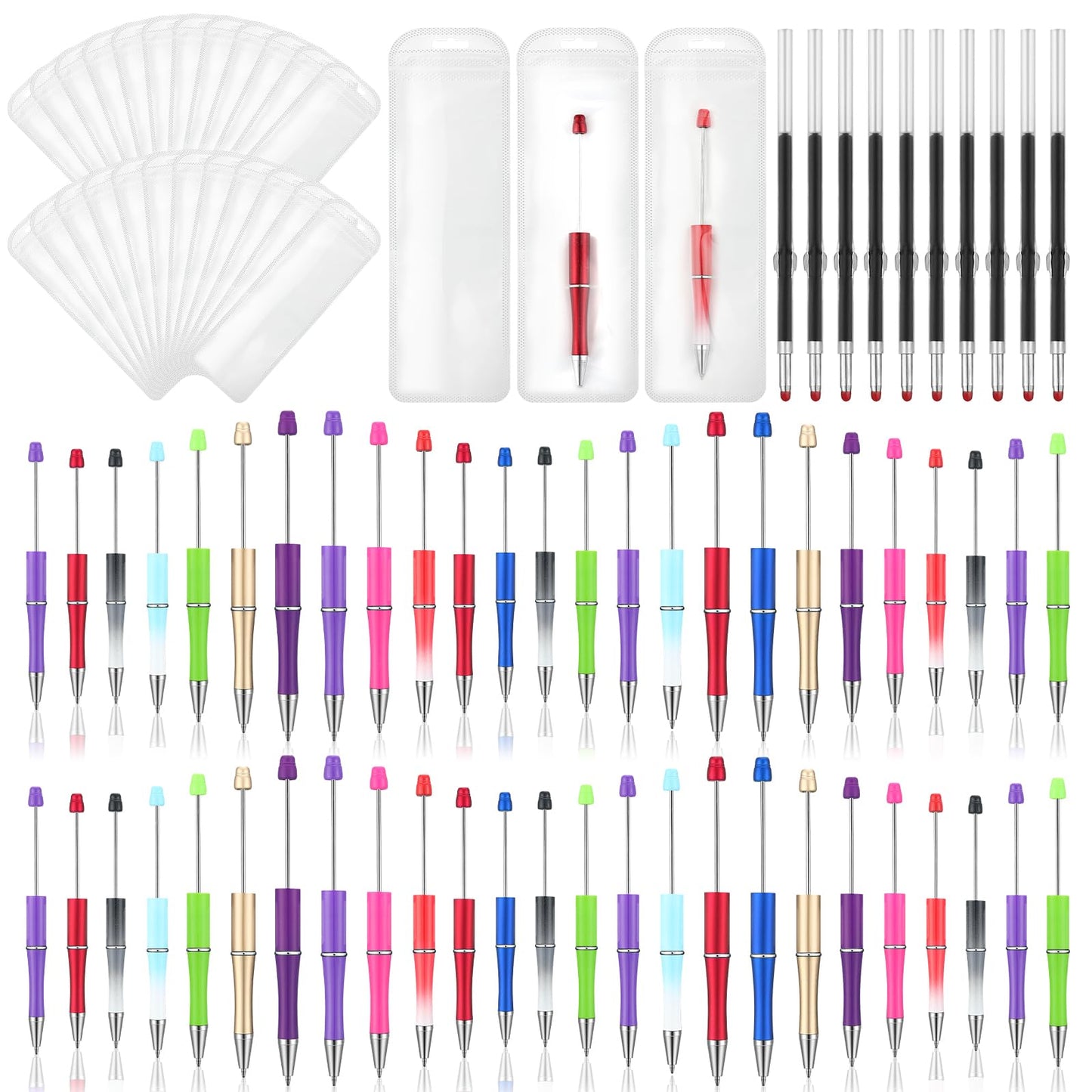 Jetec 150 Pcs DIY Beadable Pens Kit 50 Plastic Beadable Pens Bulk 50 Refills with 50 Pen Bags Beaded Ballpoint Pens Black Ink for Students Teacher School Office Supplies (Vivid Colors,Stylish Style)