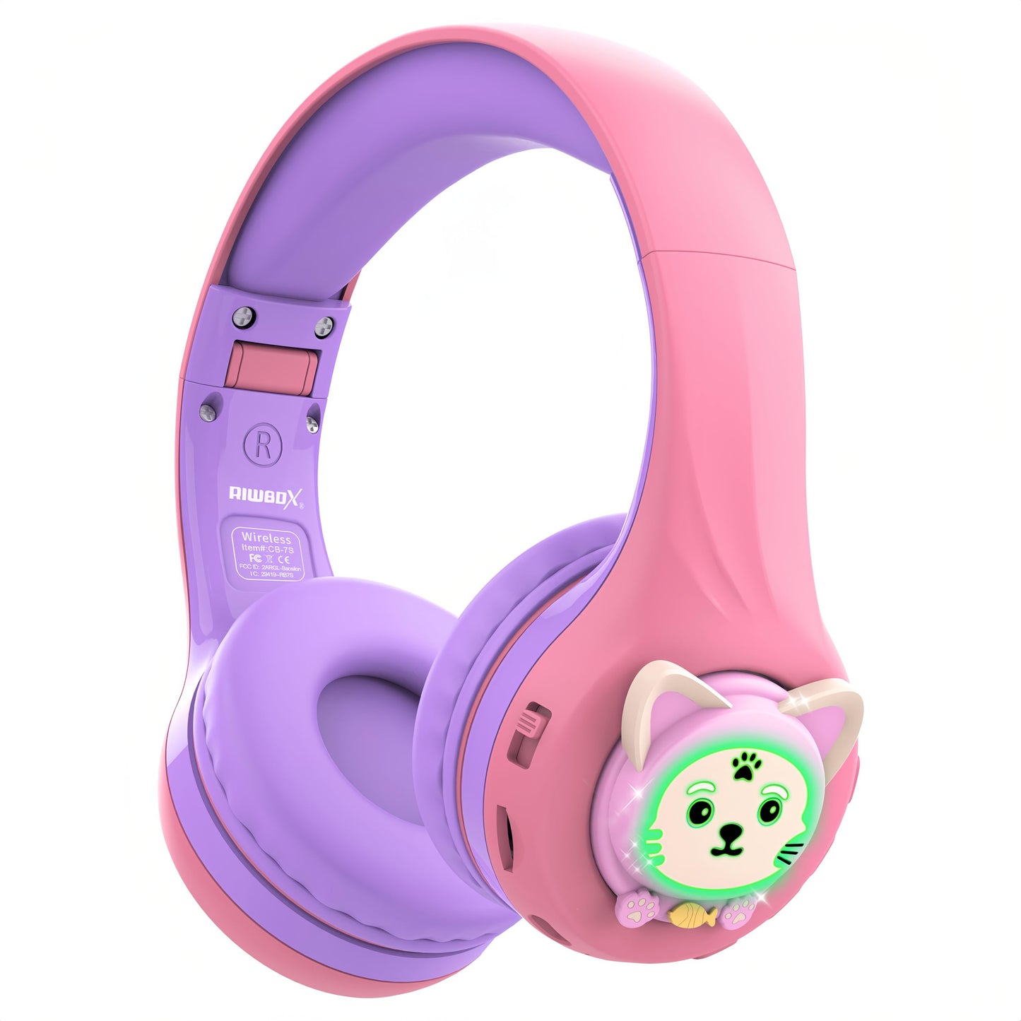 Riwbox CB-7S Kids Wireless Headphones,with Safe Volume Control 74/85/95dB,LED Glow Lights,50H Playtime,Bluetooth V5.3,Built-in Mic, TF Card Slot,for Travel/School/Phone/Laptop(Pink&Purple)
