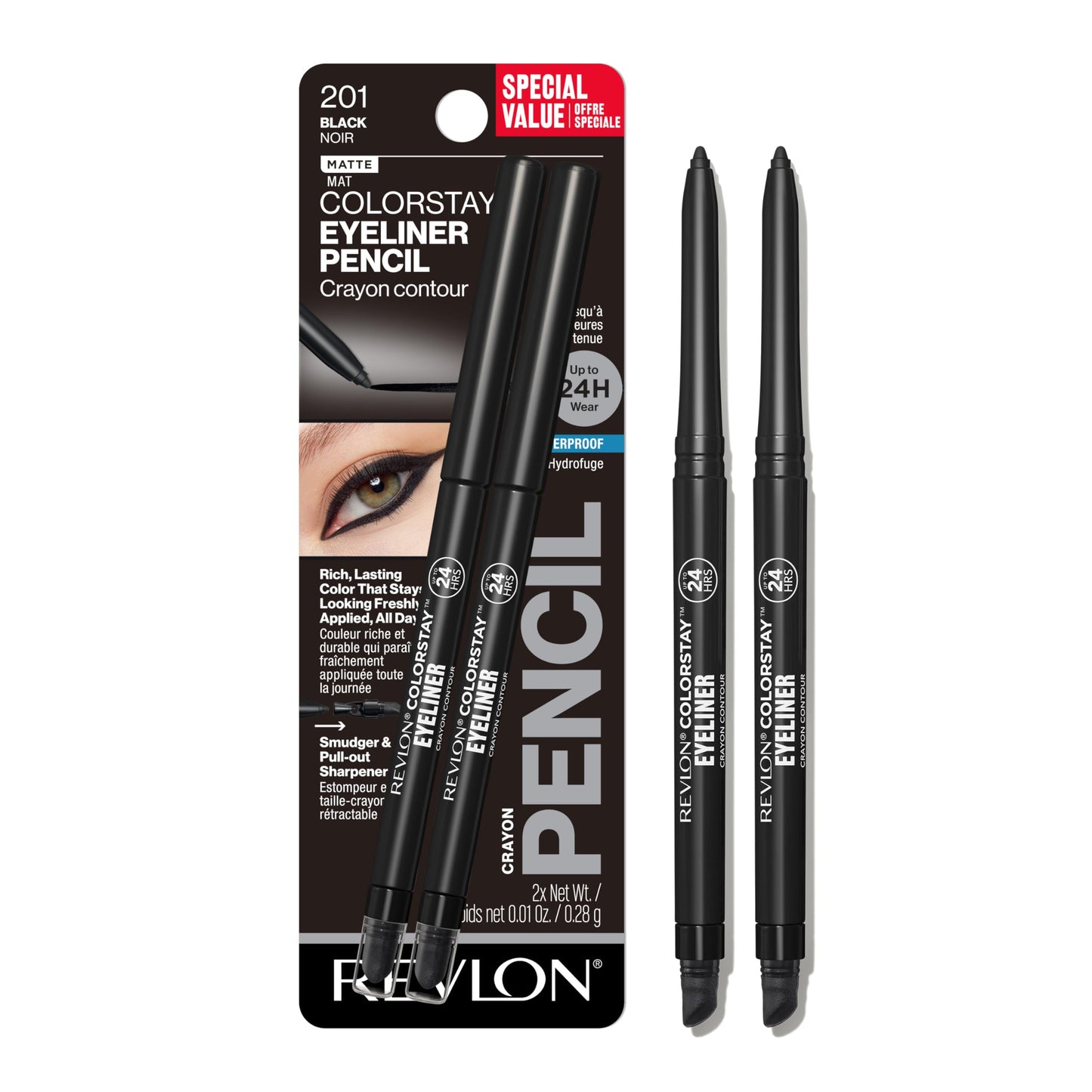 Revlon ColorStay Pencil Waterproof Eyeliner, Smudge-Proof, Eye Makeup with Built-In Sharpener, 201 Black, 2 pack
