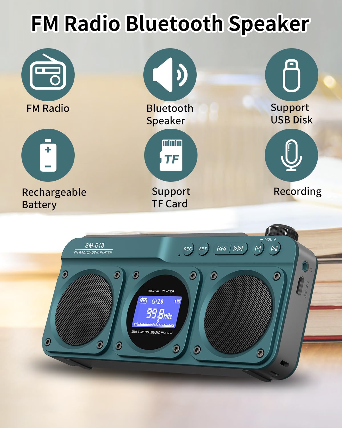 SEMIER Small Digital FM Radio Bluetooth Speaker, Handheld Rechargeable Radio Wireless Speaker, LCD Display, Double Speakers, Headphone Jack, Support USB/Micro SD Card MP3 Play for Home Outdoor
