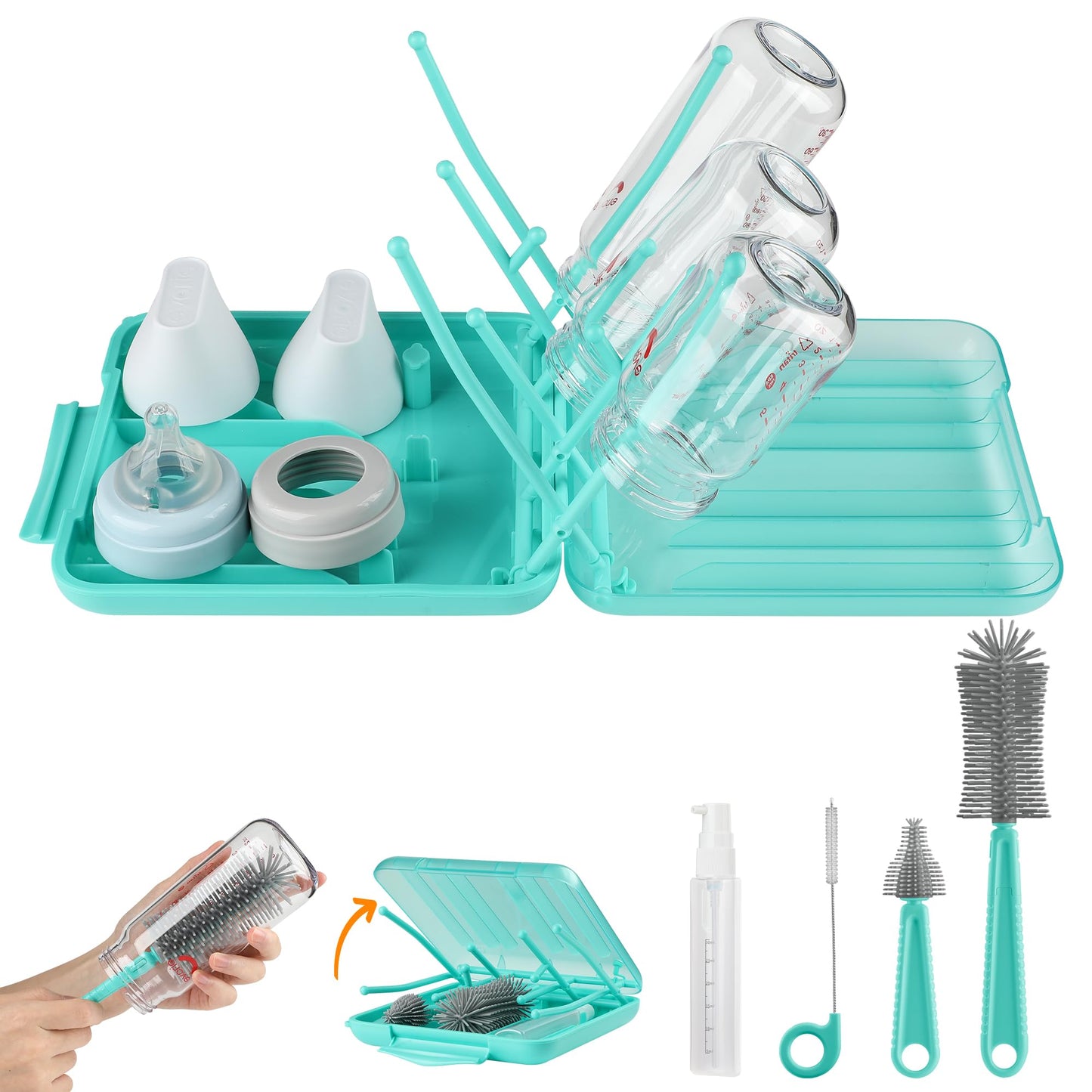 Bottle Brush Set -Baby Travel Essential-6 in 1 Bottle Cleaner Kit with Silicone Bottle Brush,Nipple Cleaner Brush,Straw Brush,Soap Dispenser,Storage Box,Bottle Drying Rack for Home and Travel(Green)