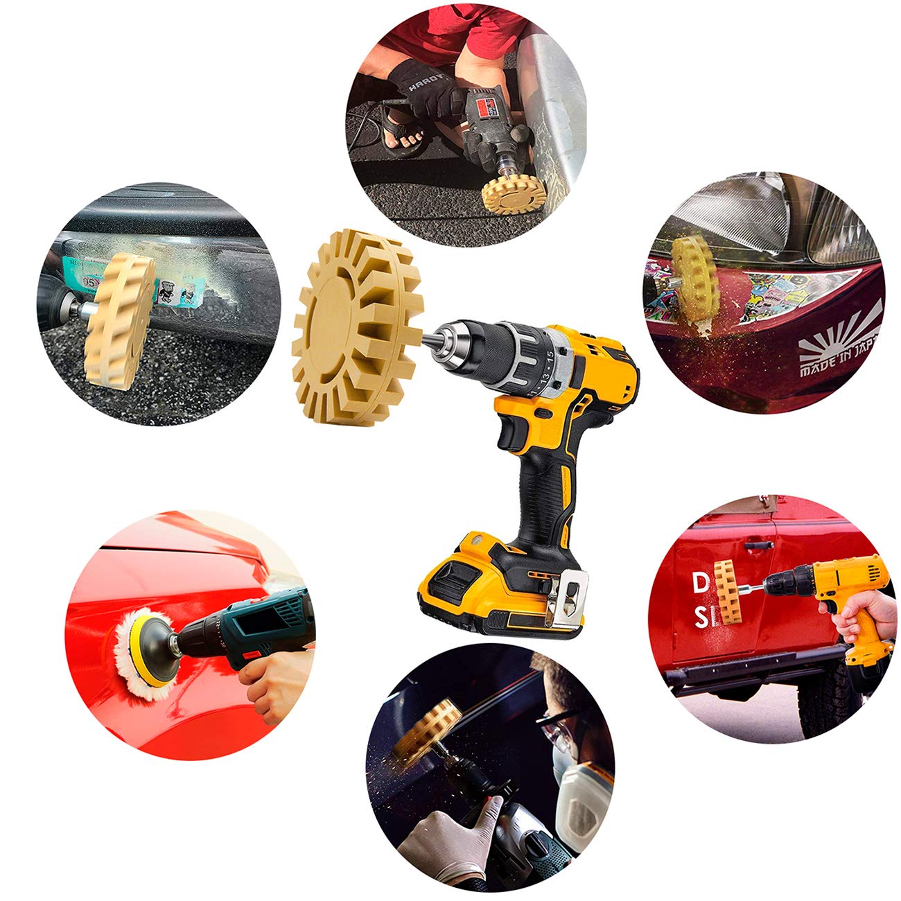 Eraser Wheel, VONDERSO Decal Remover, Adhesive Remover, 13PC Rubber Pin Stripe Removal Tool Kit for Drill for Automotive Car Sticker, Vinyl, Rv, with Polishing Pads, Wool Buffing Pad and Razor Blades