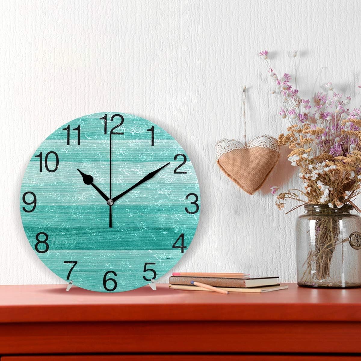 senya Teal Turquoise Green Wood Round Wall Clock, Silent Non Ticking Oil Painting Decorative for Home Office School Clock Art