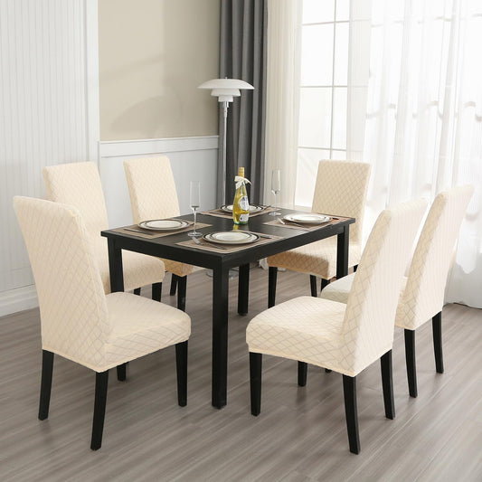 MOSAYT 100% Waterproof Dining Room Chair Covers Set of 4, Super Fit Stretch Jacquard Parson Chairs Slipcovers Removable Washable Chair Seat Protectors for Home, Kitchen, Banquet (Beige)