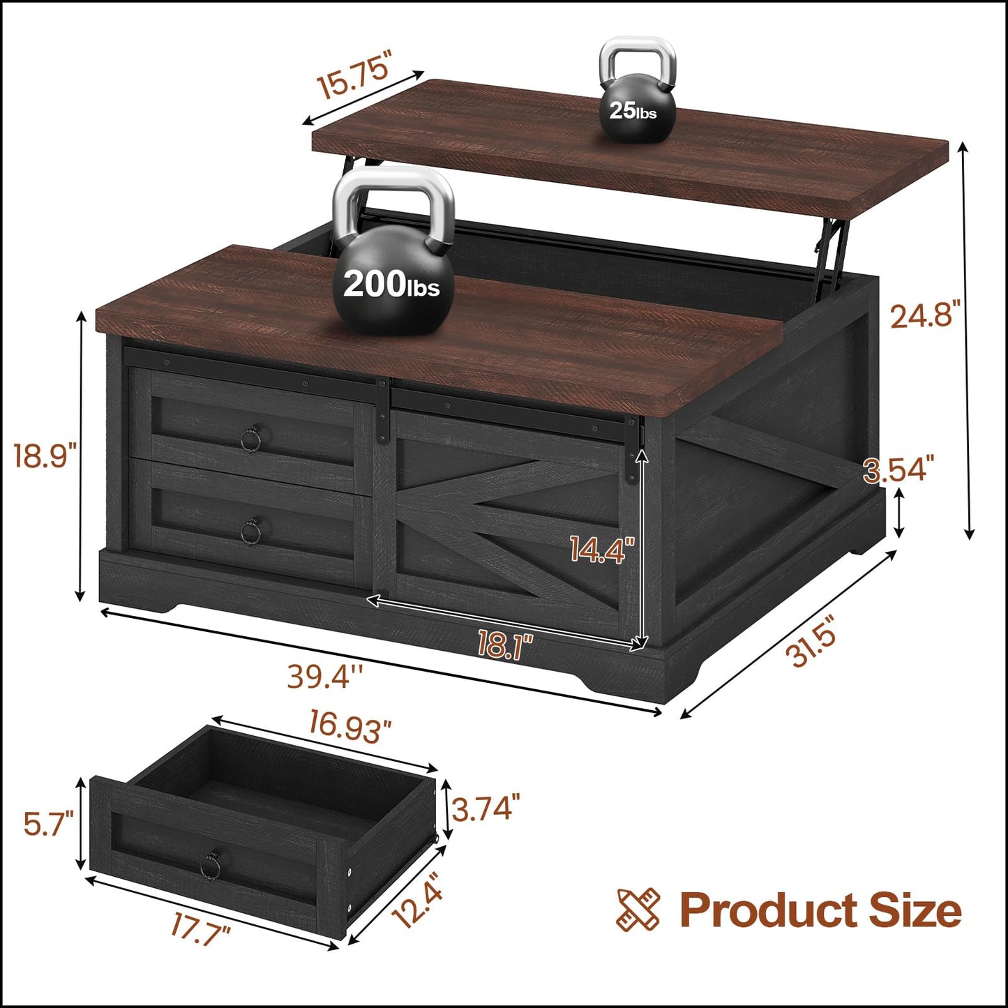 Itaar 39.4'' Lift Top Coffee Table with Storage, Farmhouse Coffee Tables for Living Room, Square Coffee Table with Large Hidden Compartment & 2 Drawers & Adjustable Shelves, Black