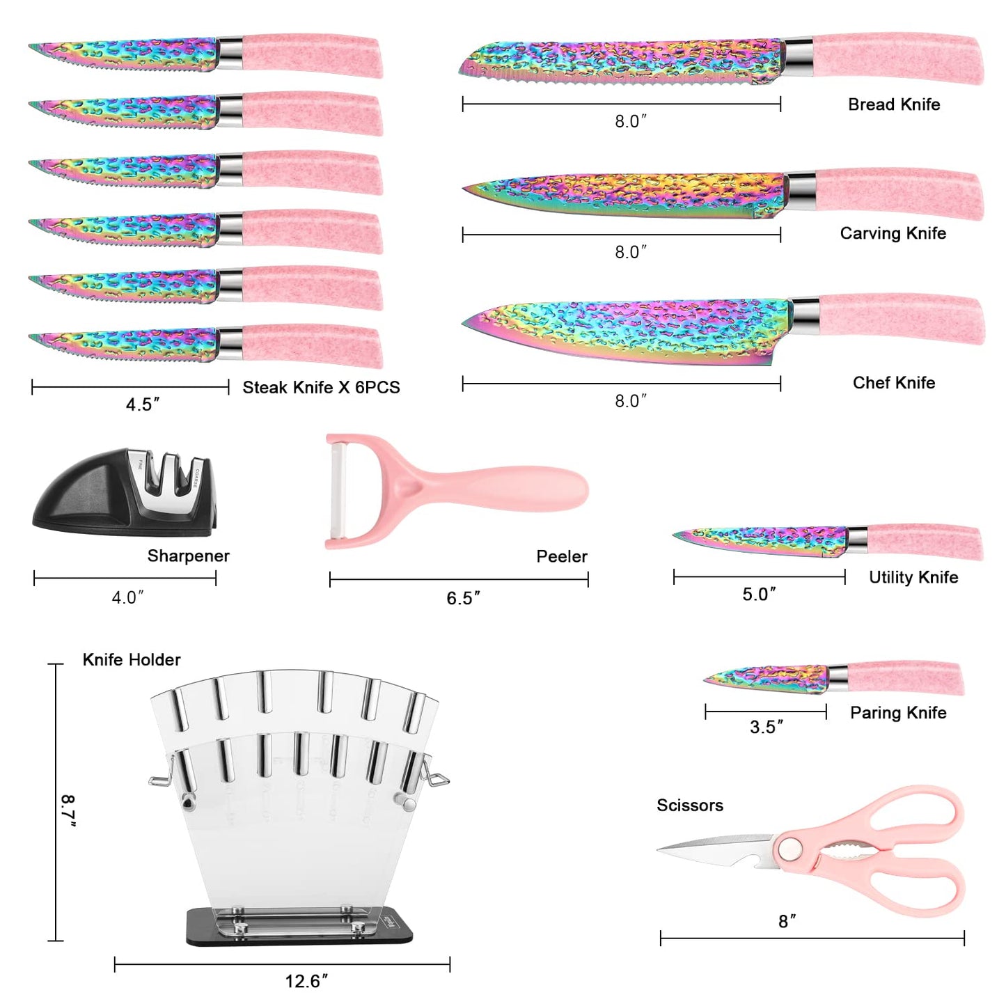 Rainbow Titanium Knife Set, Non Stick Thick and Sharp Stainless Steel 15 Pcs Cutlery Kitchen Knives Set with Acrylic Block, Chef Quality for Home & Pro Use, Best Gift, Pink Color