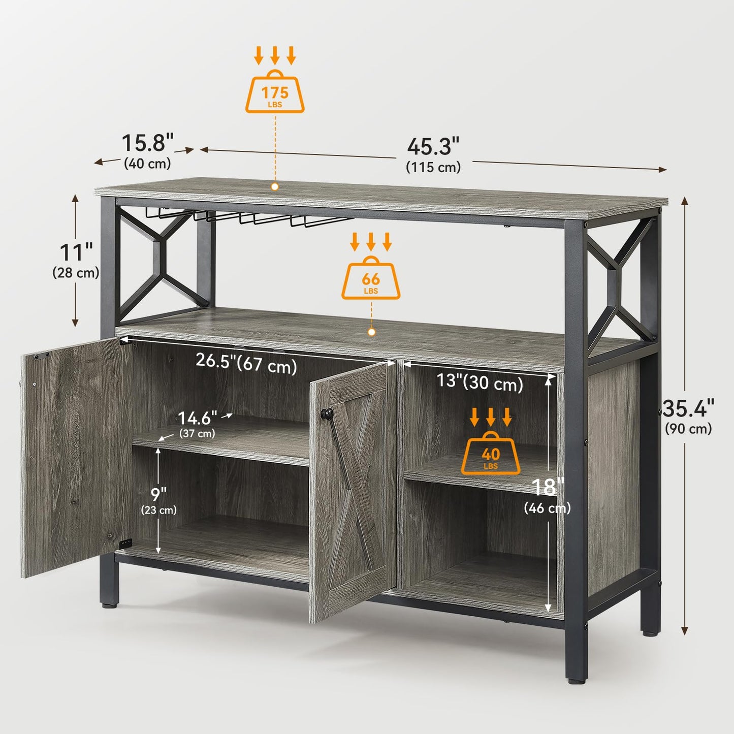 BedsPick 45.3" Buffet Cabinet with Storage, Farmhouse Sideboard Cabinet with Wine Glass Rack, Kitchen Accent Coffee Bar with Adjustable Shelf for Dining Living Room (Grey)