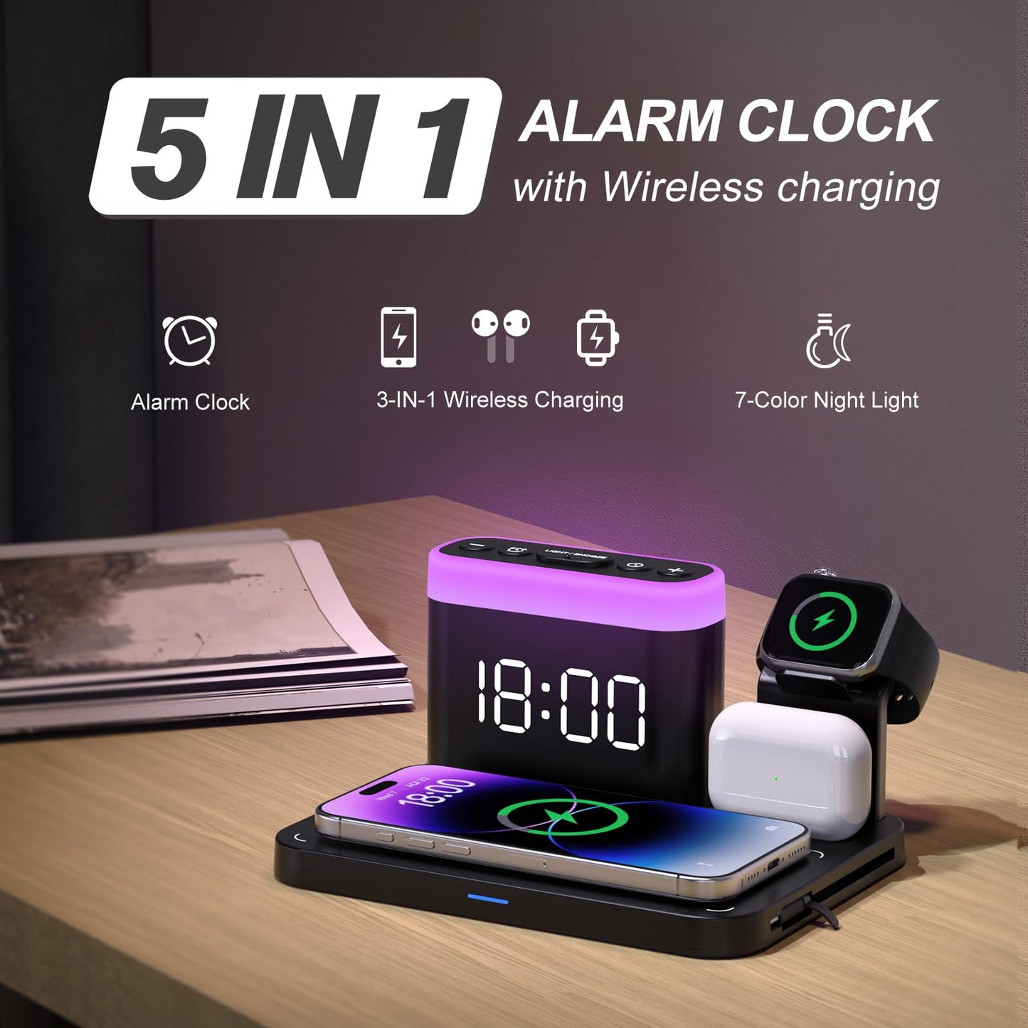 ANJANK Wireless Charging Station,5 in 1 Multiple Charger Stand with Alarm Clock,7 Night Light,Mag-Safe Charging Dock for iPhone 16 15 14 13 12 11 Pro Max Plus,Apple Watch10/9/8/7,for Airpods,Bedrooms