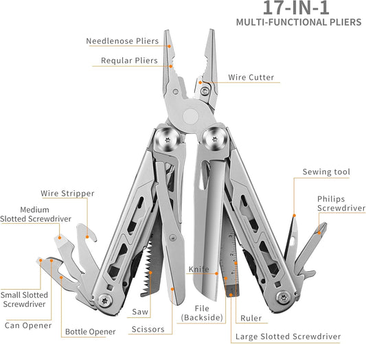 17-In-1 Multitool Pliers, Heavy Duty Multi Tool with Self-Locking Design Sheath, for EDC Survival Camping Hiking, Stocking Stuffers for Men Women