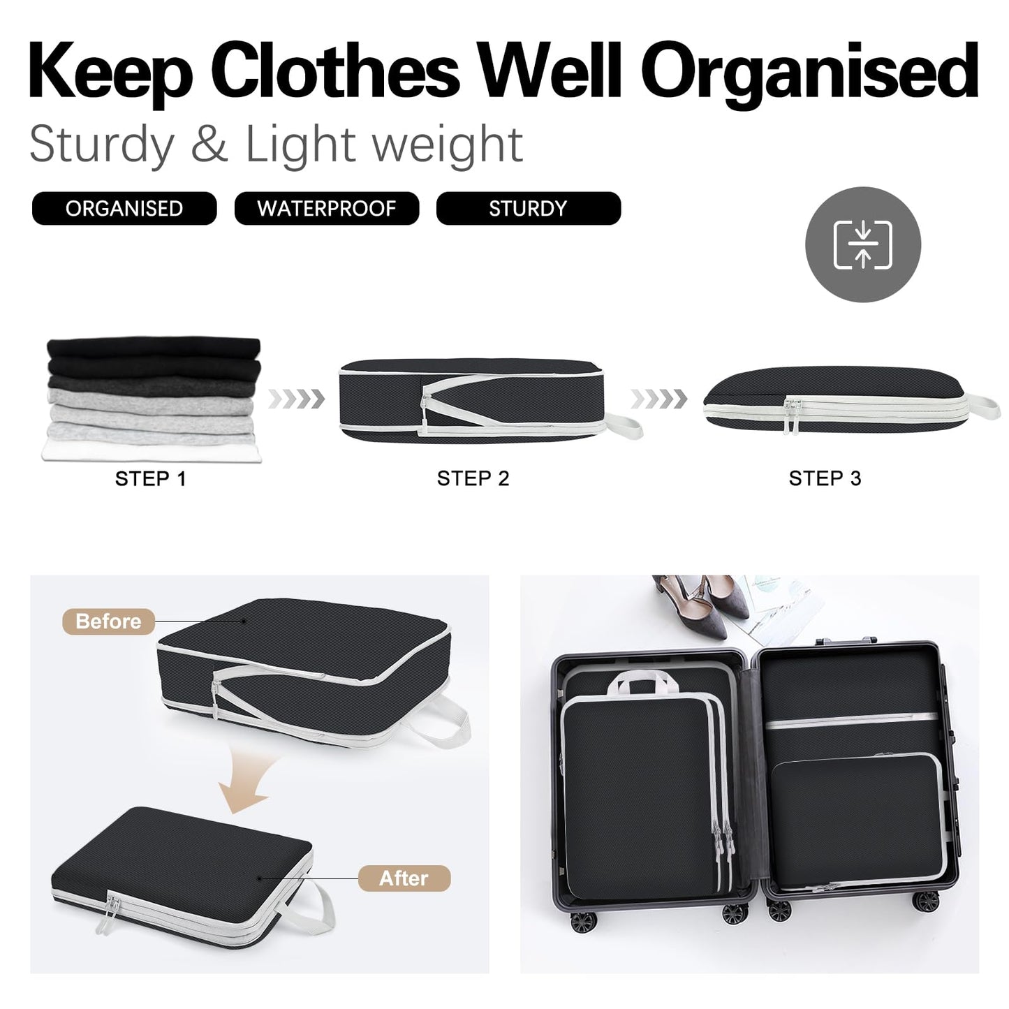 Compression Packing Cubes for Travel,Waterproof Packing Compression Cubes for Travel Packing Organizers,Luggage Cubes for Packing,Ultralight Expandable Packing Cubes Compression (Black 5 Pack)