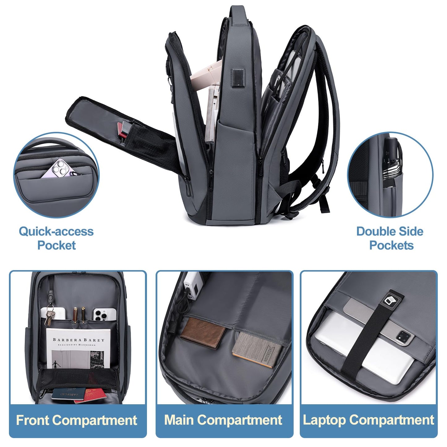 FENRUIEN Work Backpack for Men,Water Resistant Smart Backpack with USB Charging Port,Grey Laptop Bag 15.6 Inch