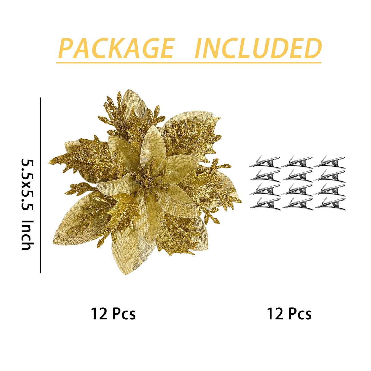 yuagolle Christmas Artificial Poinsettia Flowers: 12pcs Gold Poinsettia with Clips Silk Glitter Picks Fake Floral, for Decorations, Xmas Tree Decor, Wreath Garland Bulk, Wedding, New Year Ornaments