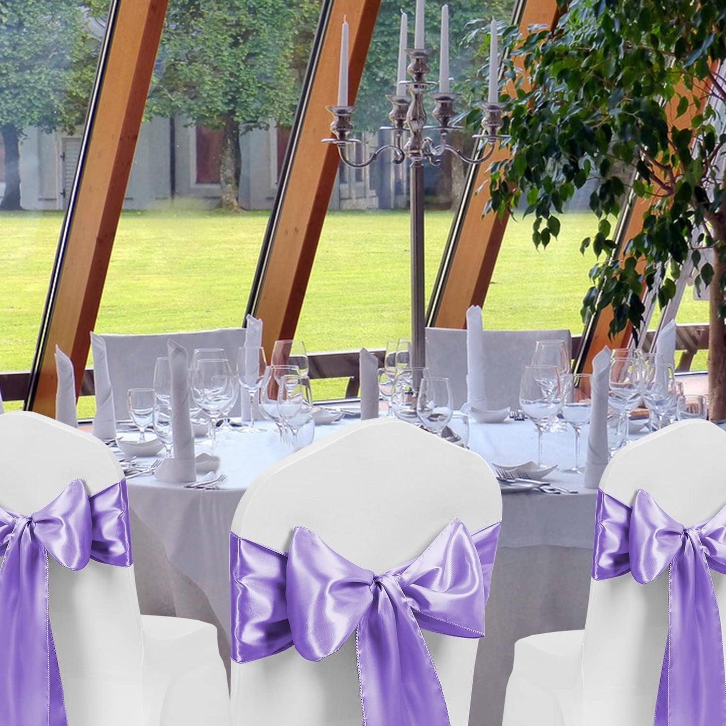 MAGTOWNE Satin Lavender Chair Sashes 50 Pack, Lavender Sashes for Chairs Covers, Light Purple Chair Bows for Party Wedding Birthday Banquet Decor