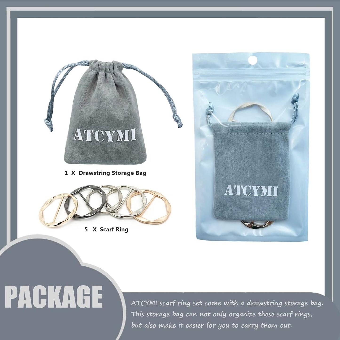 5PCS Silk Scarf Ring Clip T-shirt Tie Clips for Women Fashion Metal Round Circle Clip Buckle Clothing Ring Wrap Holder with 1 Storage Bag