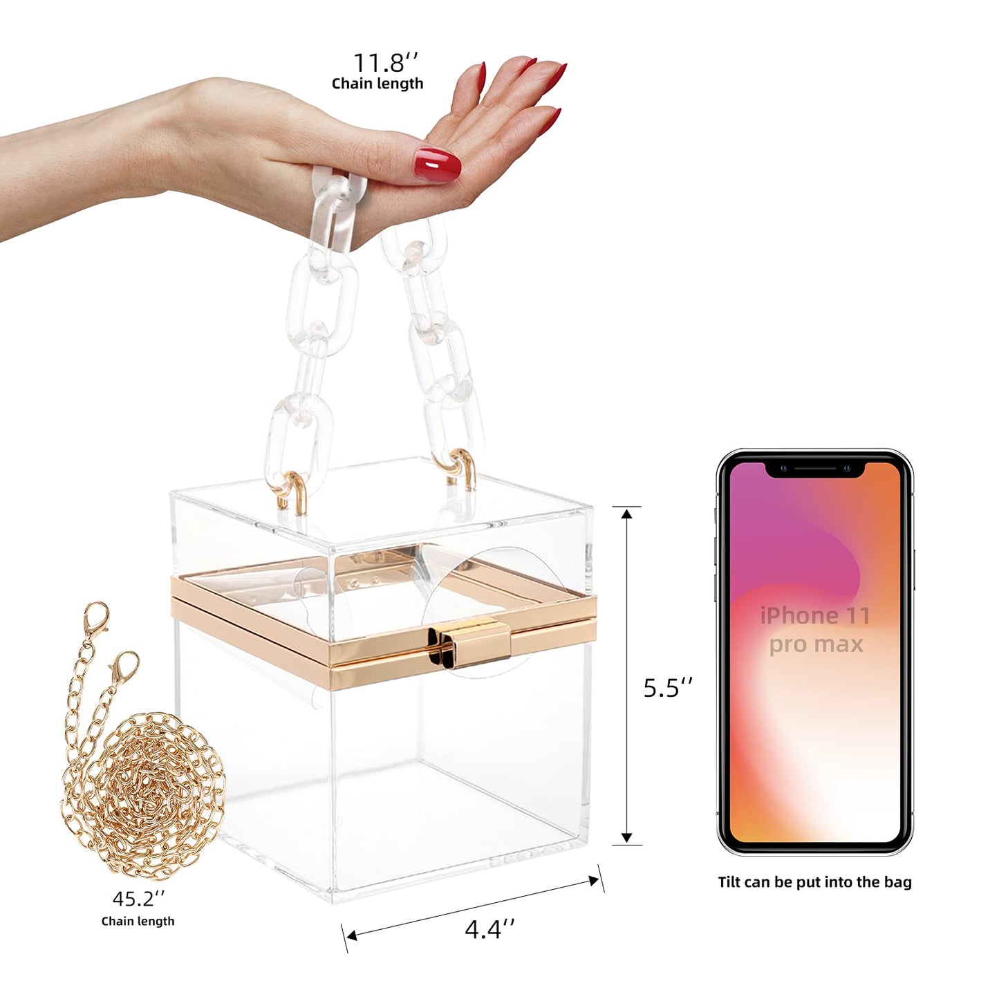 WJCD Cute Clear Acrylic Plastic Neon Hard Frame Party Clutch Purse with Gold Chain Strap (Transparent)