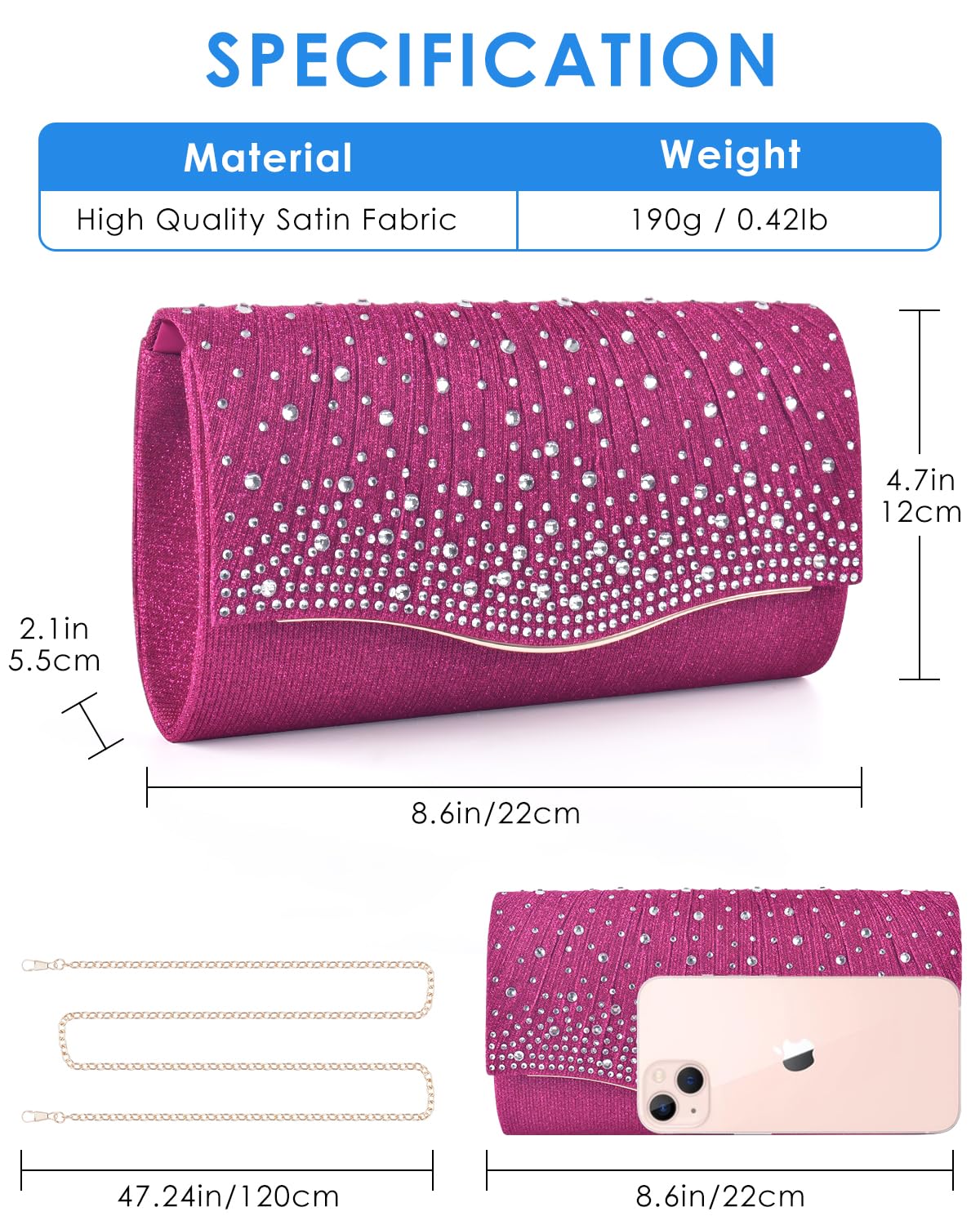 TINDTOP Clutch Purses for Women Evening Handbags for Formal Wedding Party Cocktail Prom Crossbody Shoulder Envelope Bag (Rose)