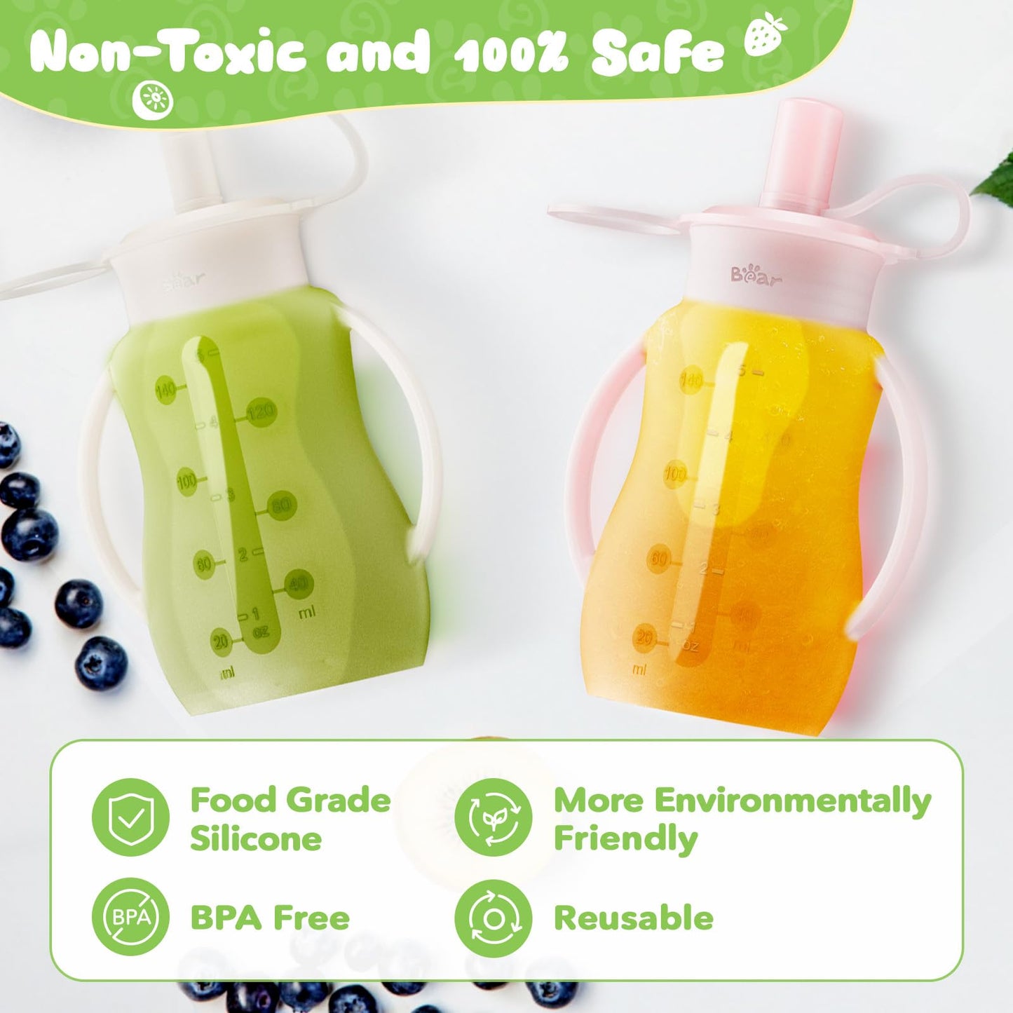 Bear Reusable Silicone Baby Food Pouches, 2 Pack Refillable Squeeze Pouch for Toddlers, Baby Food Containers Dishwasher&Freezer Safe | Make Homemade Organic Food for Babies, 5oz, 6m+