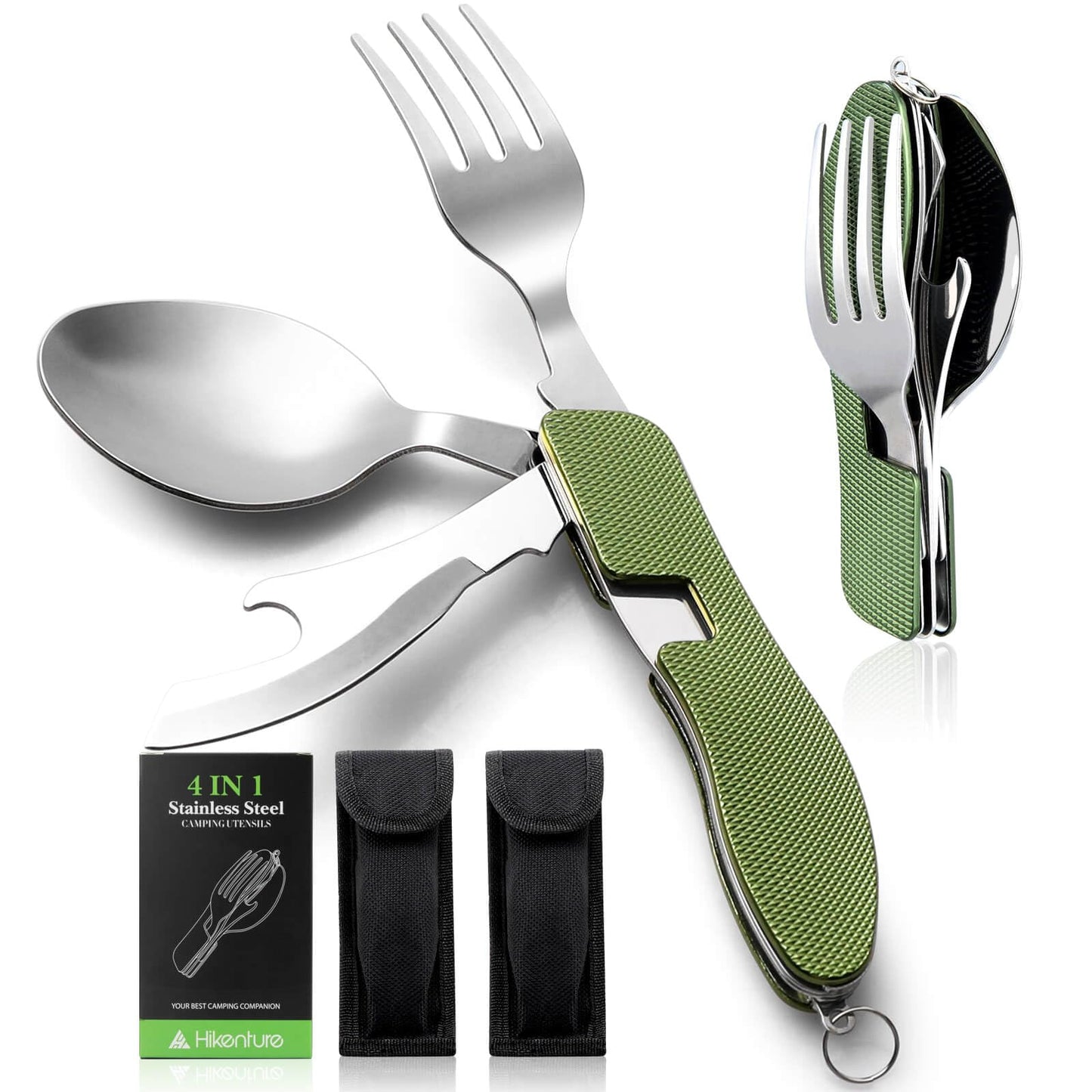 Camping Utensil HIKENTURE 4-In-1 Stainless Steel Fork Knife Spoon Bottle Opener Set with Storage Case (Black)