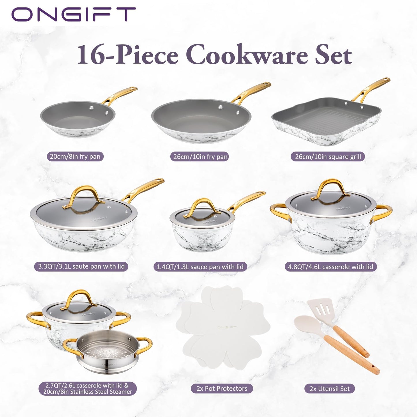 ONGIFT 16Pcs Nonstick Cookware Sets, Kitchen Pots and Pans Set Non Stick for Cooking, Non Toxic Induction Cookware, Oven & Dishwasher Safe, Mable White