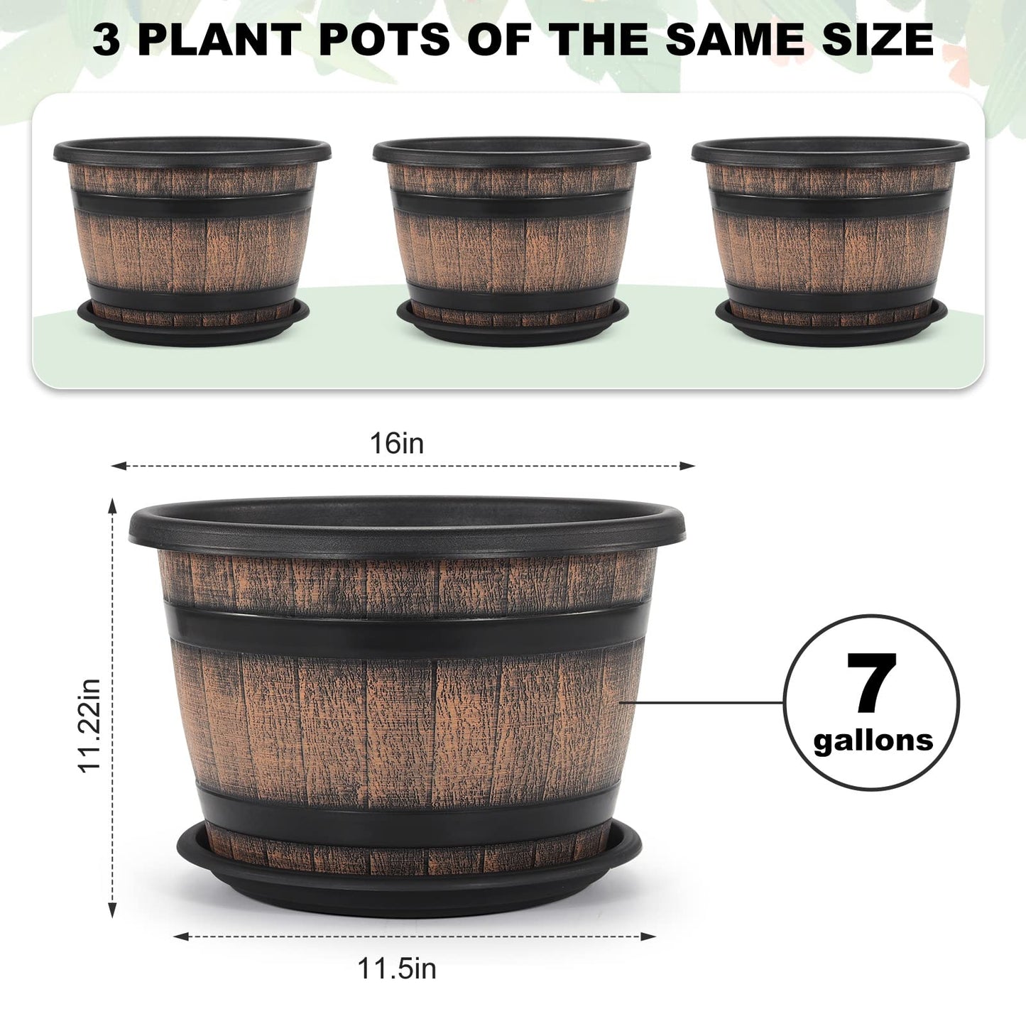 Quarut Large Plastic 3 Pack16 inch Plant Pots,Whiskey Barrel Planters with Drainage Holes & Saucer.Flower Pots Imitation Wine Barrel Design for Indoor & Outdoor Garden Balcony Plants.7 Gallons(Brown)