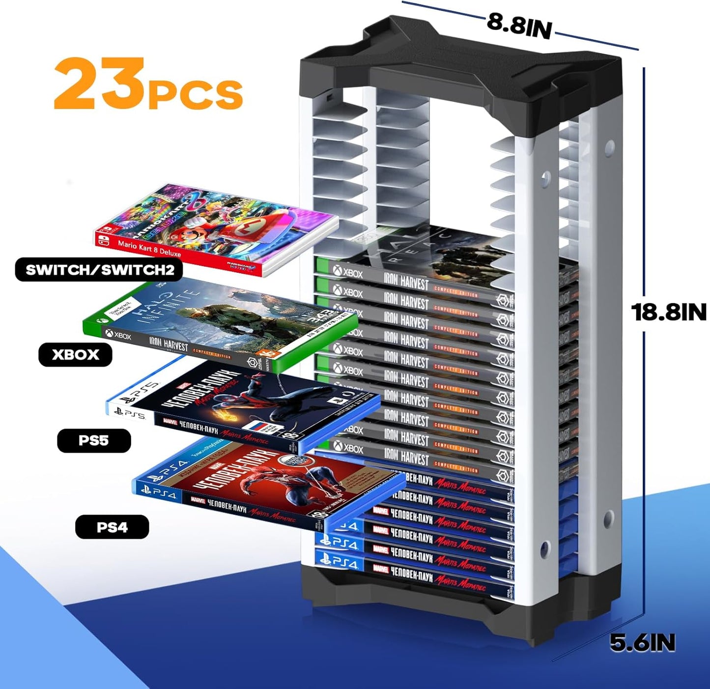 Nargos Video Game Storage Tower for PS5/ PS4/ PS3/ PS2/ Xbox One/Xbox 360 and Xbox Series X/S/Wii/Switch/Switch 2 Game Cases, DVD and Blu-Ray Disks Organizer (23 PCS)